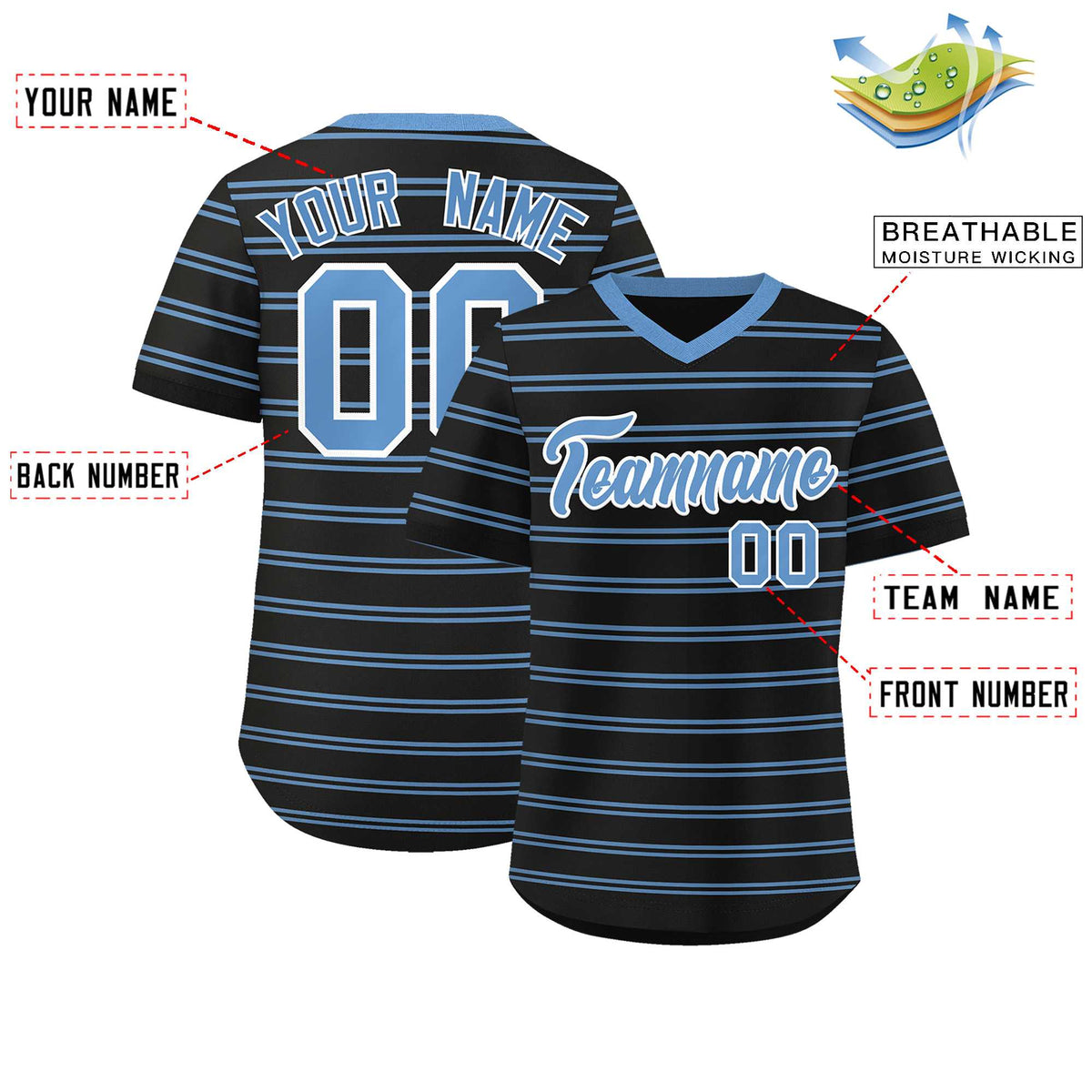Custom Black Light Blue Personalized Horizontal Stripe Authentic Pullover Baseball Jersey | KXKSHOP