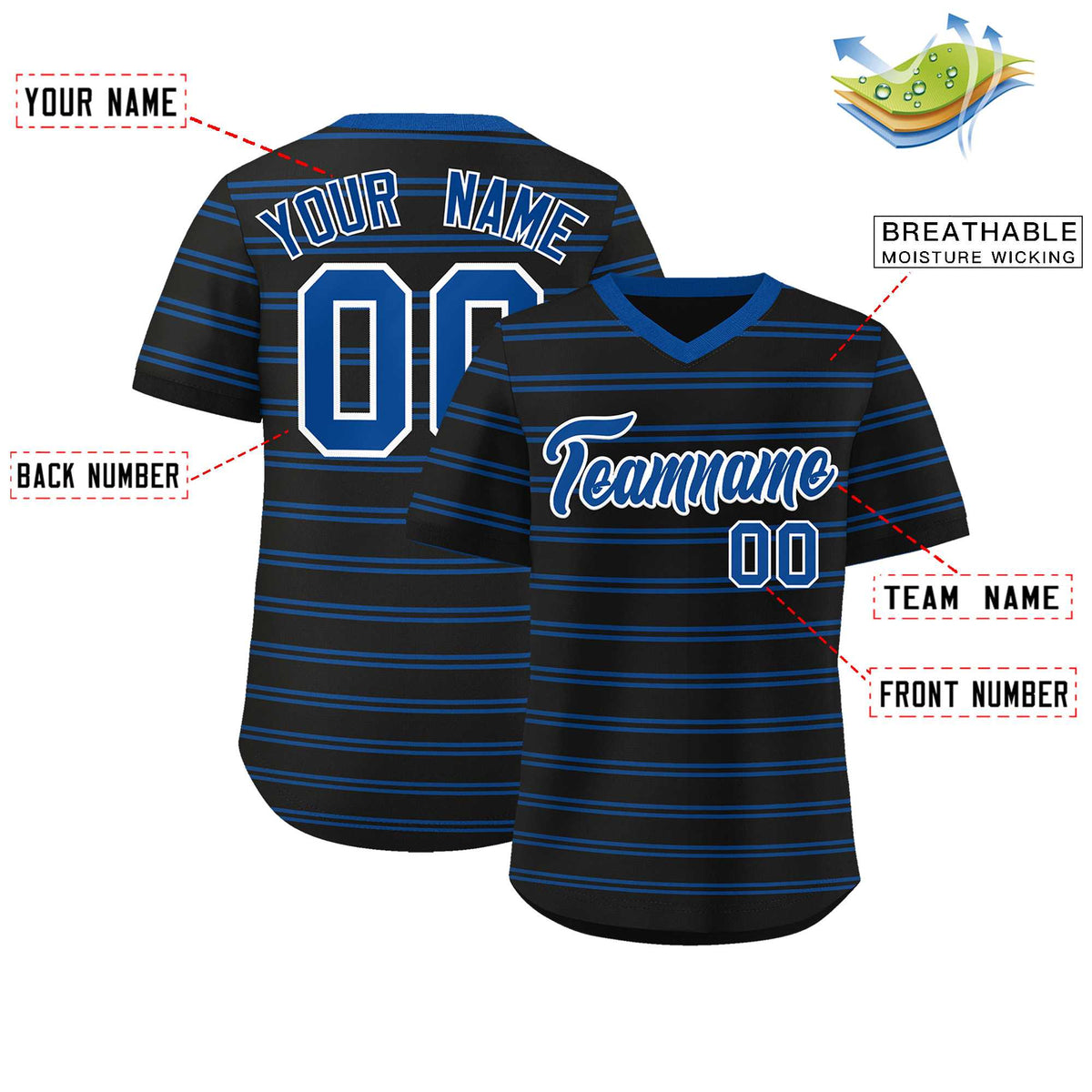 Custom Black Royal Personalized Horizontal Stripe Authentic Pullover Baseball Jersey | KXKSHOP