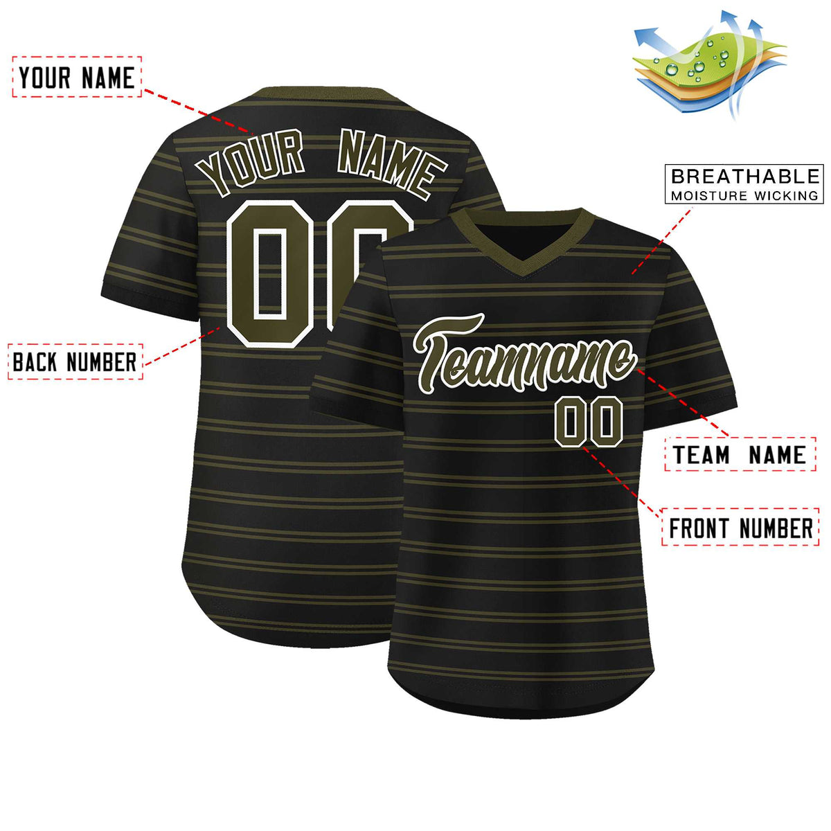 Custom Black Olive Personalized Horizontal Stripe Authentic Pullover Baseball Jersey | KXKSHOP