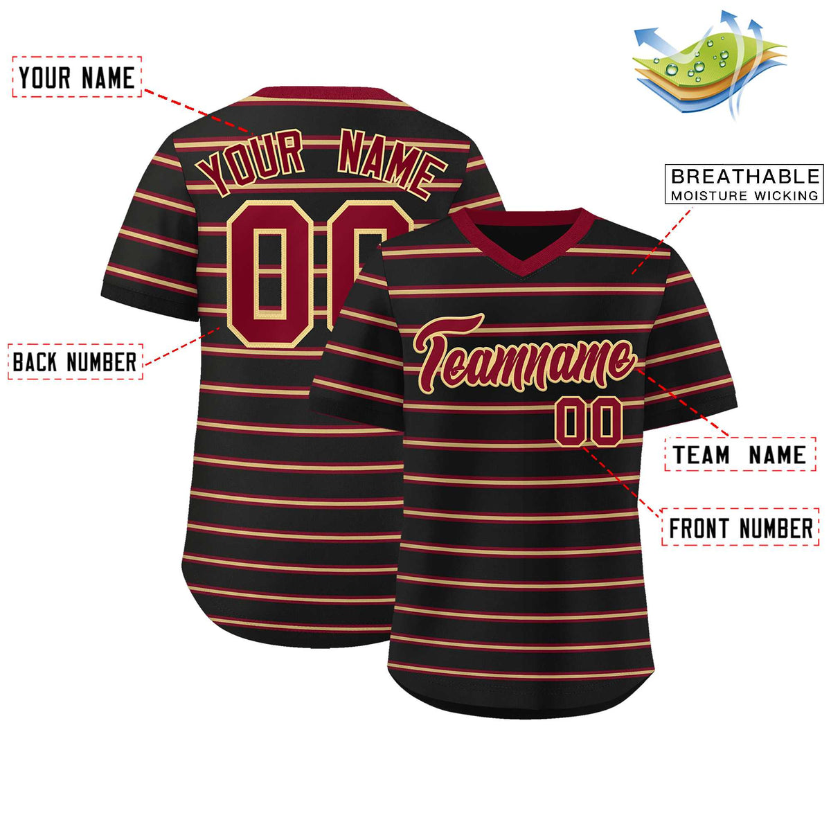 Custom Black Crimson-Khaki Personalized Horizontal Stripe Authentic Pullover Baseball Jersey | KXKSHOP