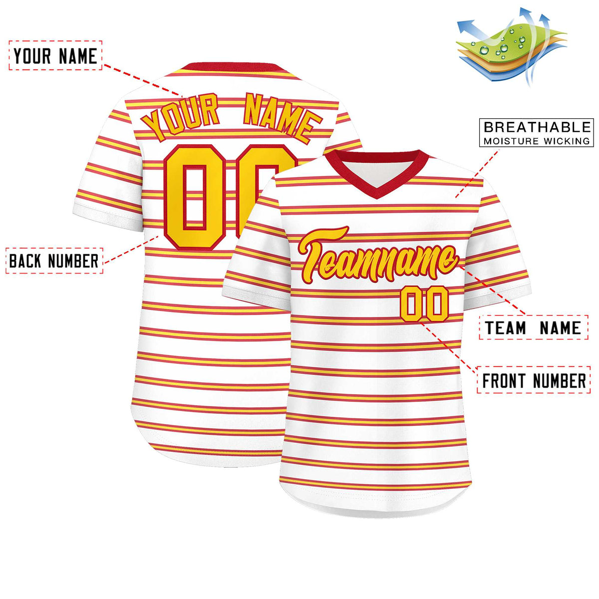 Custom White Red-Gold Personalized Horizontal Stripe Authentic Pullover Baseball Jersey | KXKSHOP
