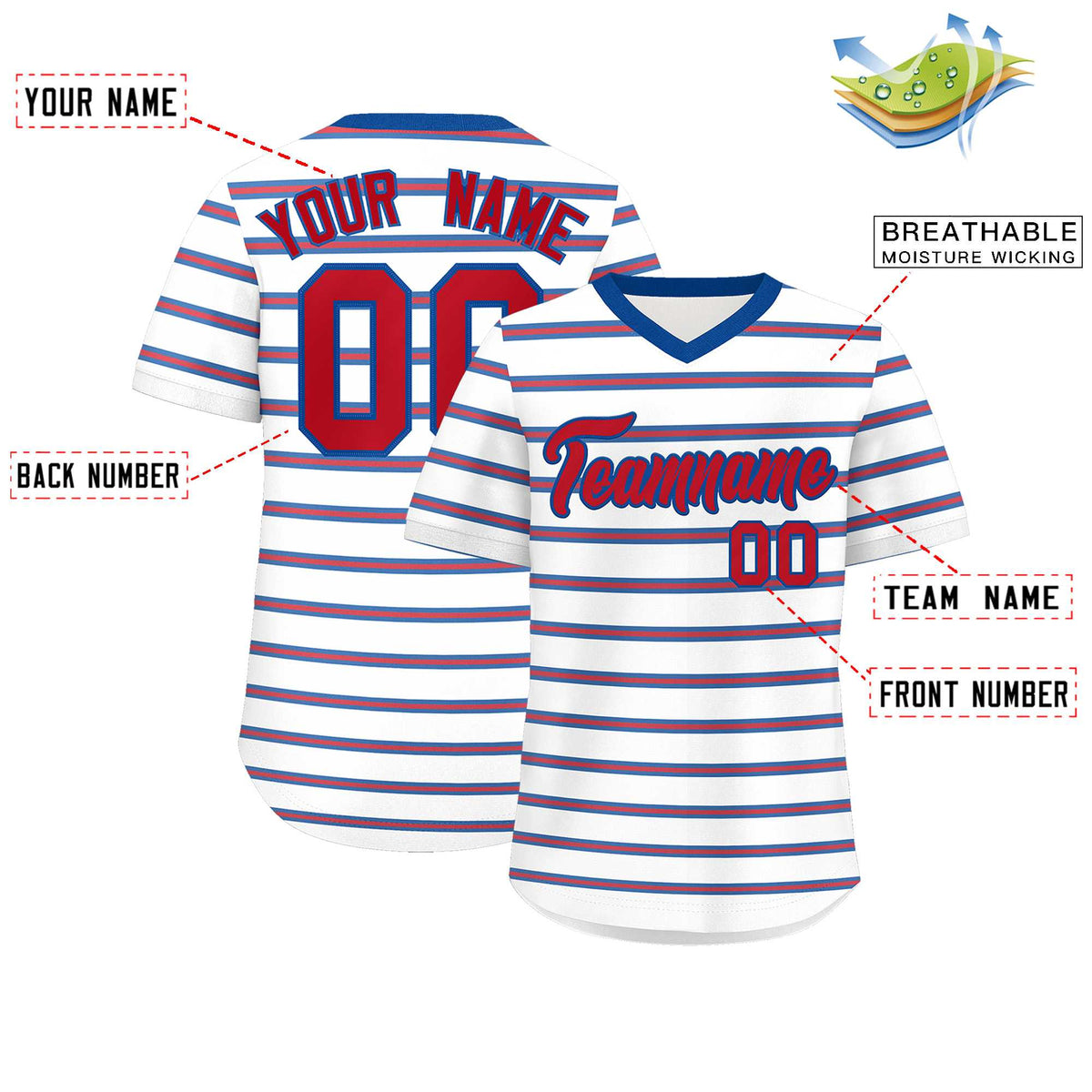Custom White Royal-Red Personalized Horizontal Stripe Authentic Pullover Baseball Jersey | KXKSHOP