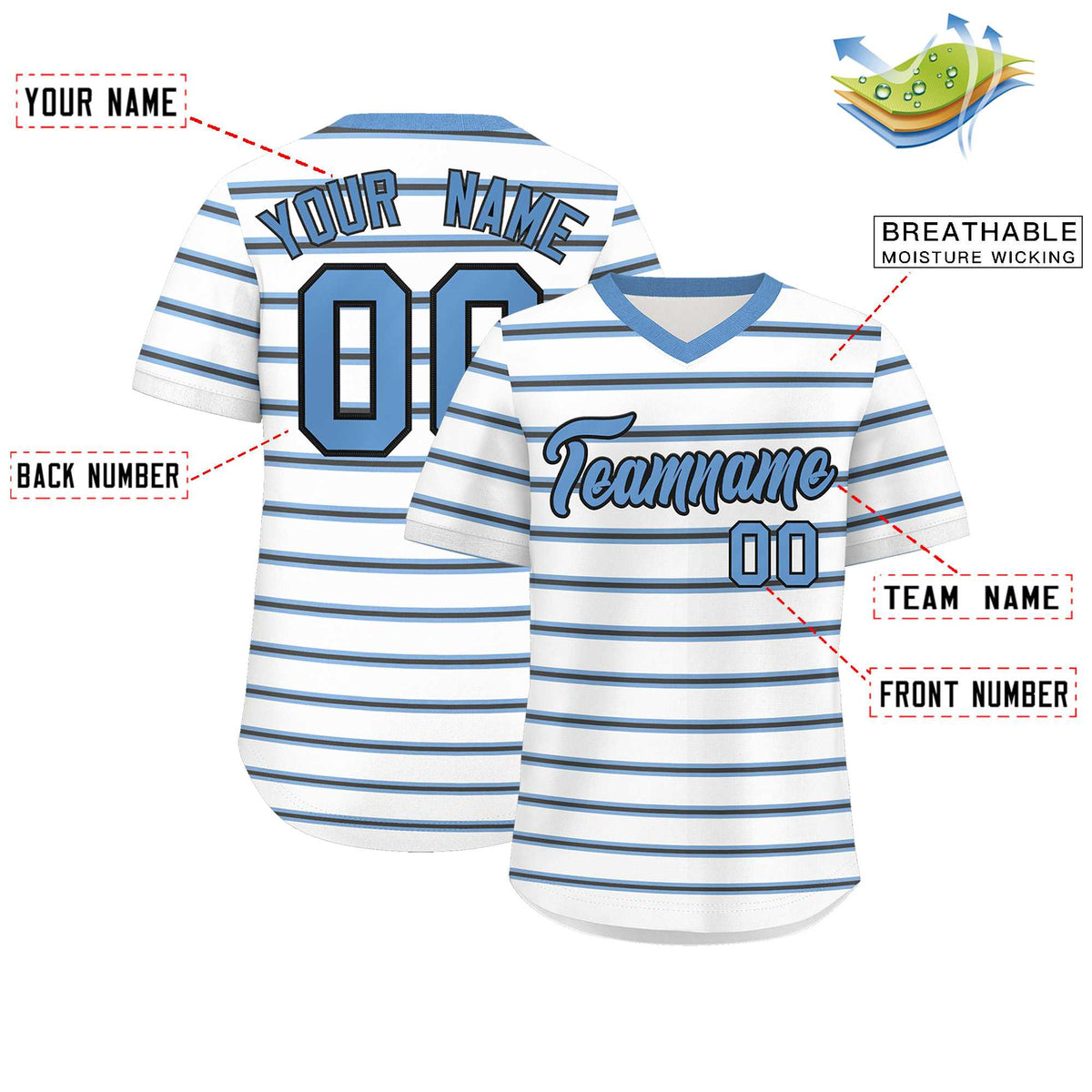 Custom White Light Blue-Black Personalized Horizontal Stripe Authentic Pullover Baseball Jersey | KXKSHOP
