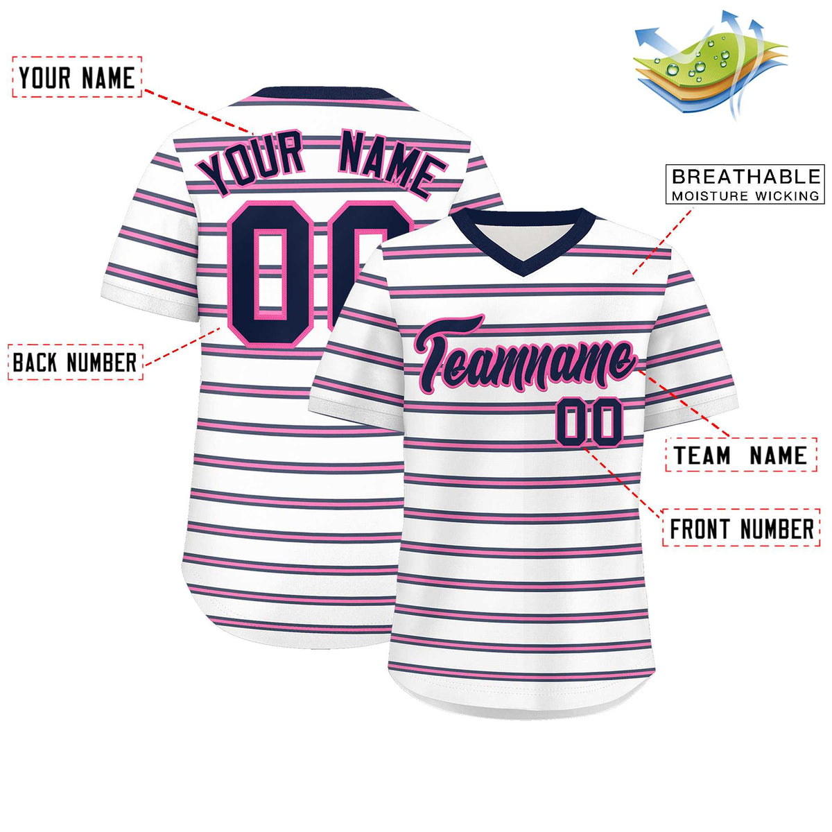 Custom White Navy-Pink Personalized Horizontal Stripe Authentic Pullover Baseball Jersey | KXKSHOP