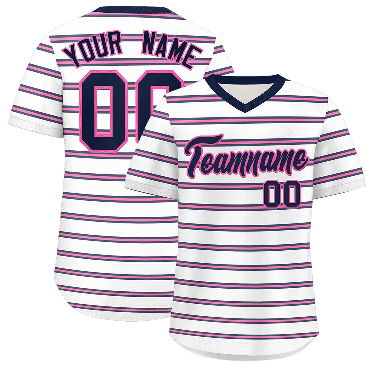 Custom White Navy-Pink Personalized Horizontal Stripe Authentic Pullover Baseball Jersey | KXKSHOP