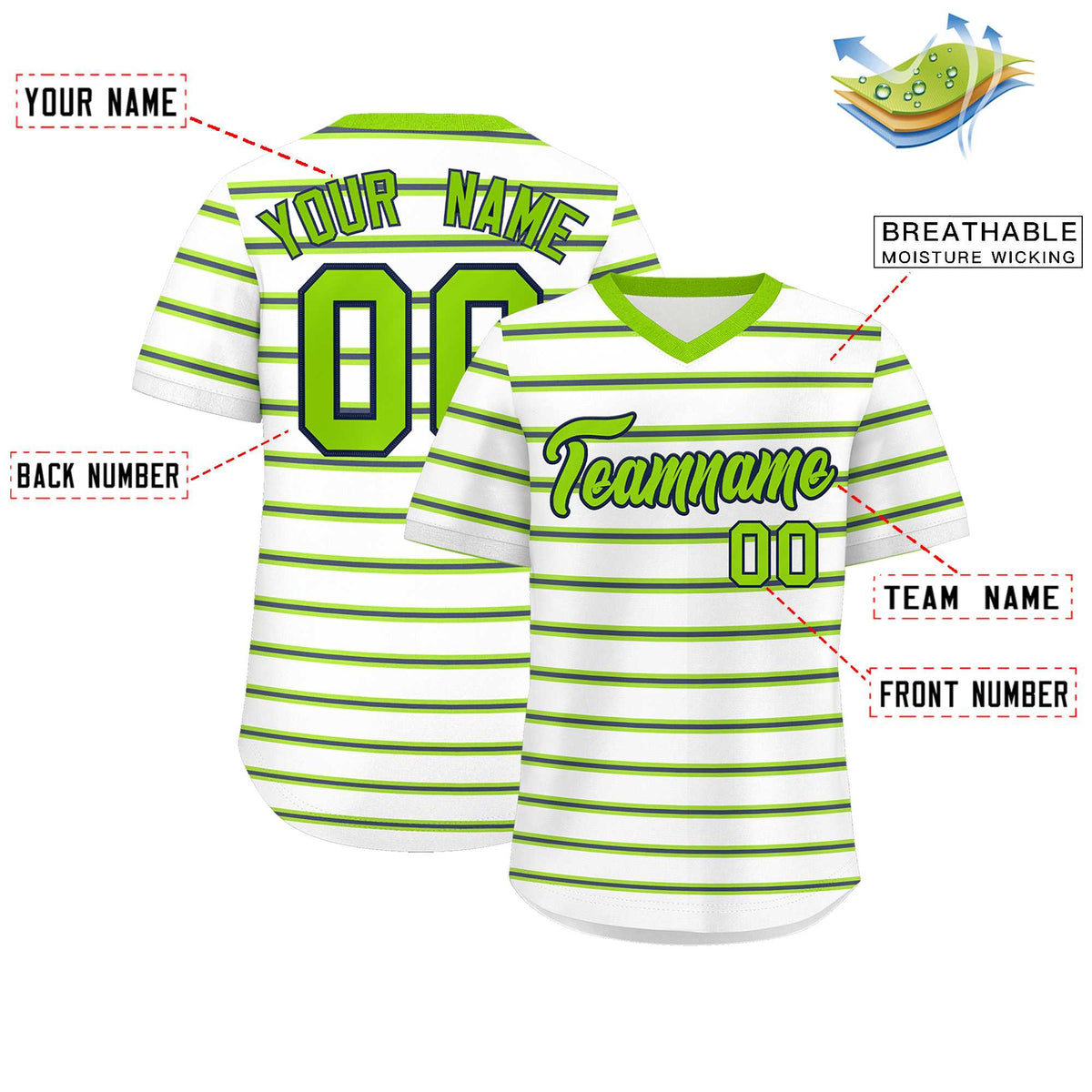 Custom White Neon Green-Navy Personalized Horizontal Stripe Authentic Pullover Baseball Jersey | KXKSHOP