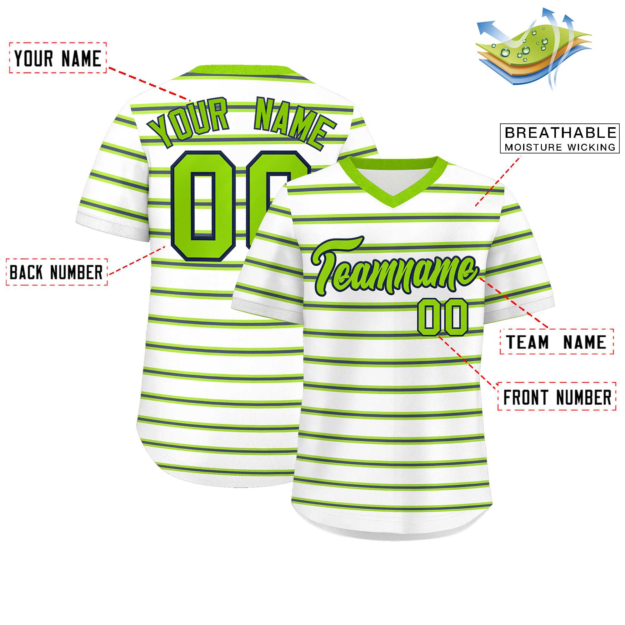 Custom White Neon Green-Navy Personalized Horizontal Stripe Authentic Pullover Baseball Jersey | KXKSHOP