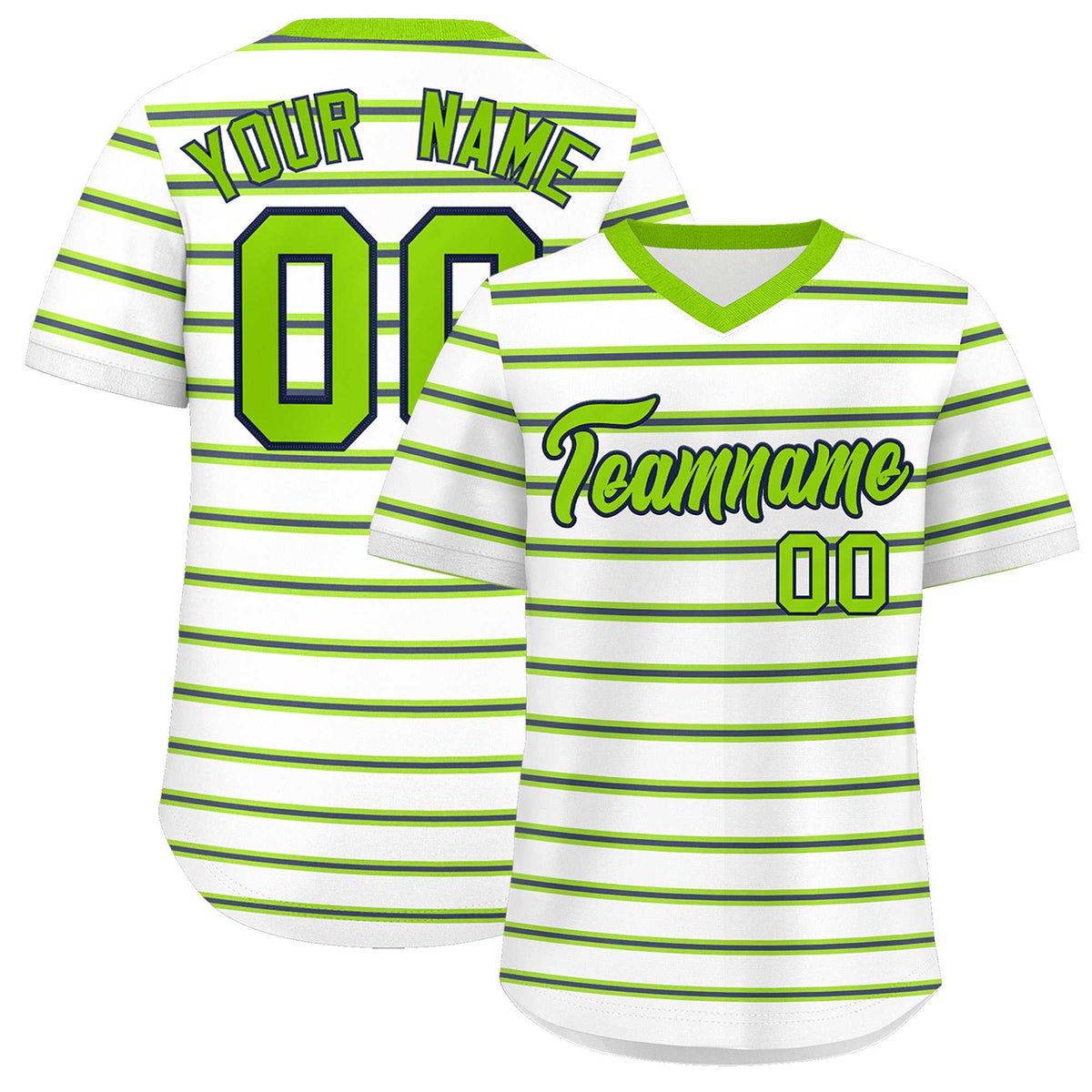 Custom White Neon Green-Navy Personalized Horizontal Stripe Authentic Pullover Baseball Jersey | KXKSHOP