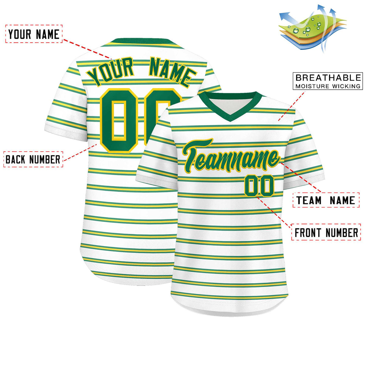Custom White Kelly Green-Gold Personalized Horizontal Stripe Authentic Pullover Baseball Jersey | KXKSHOP