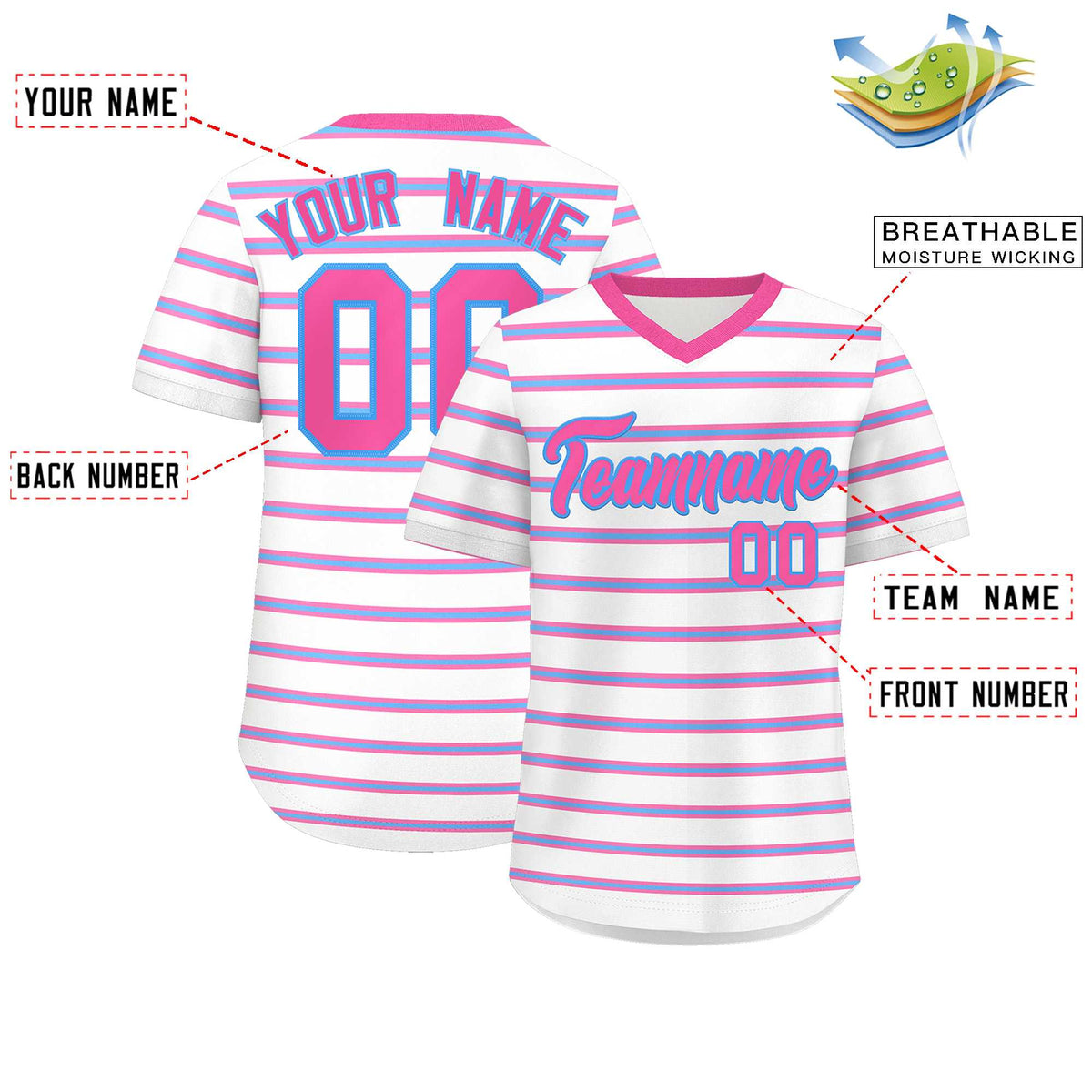 Custom White Pink-Powder Blue Personalized Horizontal Stripe Authentic Pullover Baseball Jersey | KXKSHOP