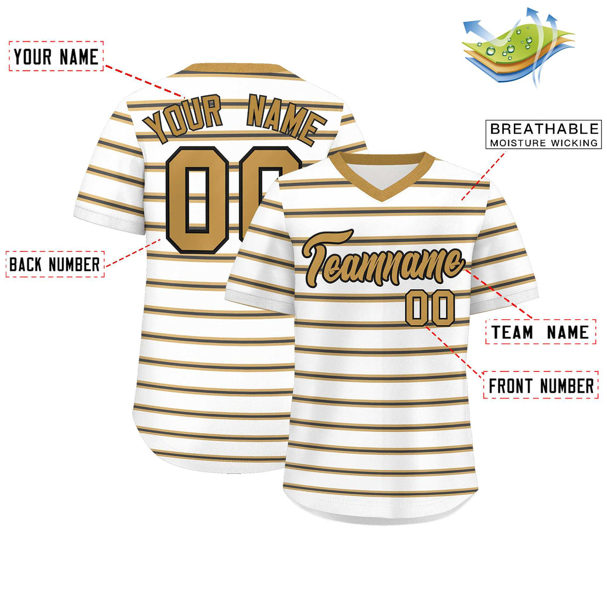 Custom White Old Gold-Black Personalized Horizontal Stripe Authentic Pullover Baseball Jersey | KXKSHOP