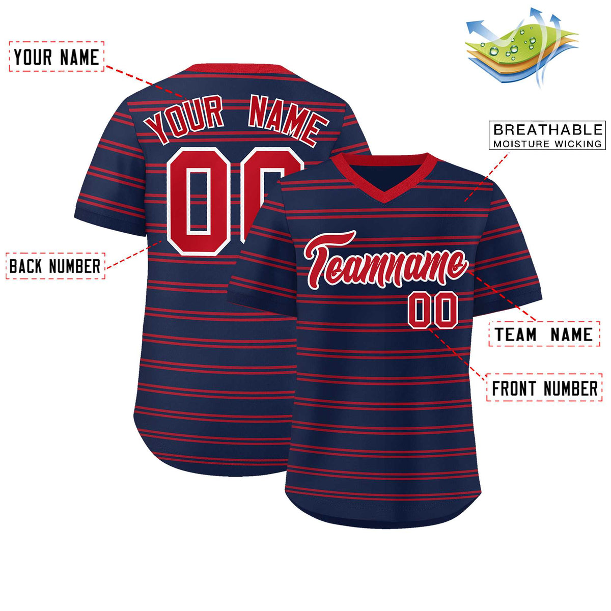 Custom Navy Red Personalized Horizontal Stripe Authentic Pullover Baseball Jersey | KXKSHOP
