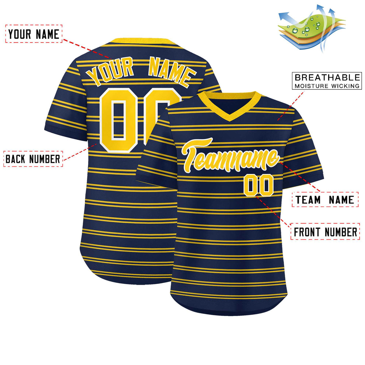 Custom Navy Gold Personalized Horizontal Stripe Authentic Pullover Baseball Jersey | KXKSHOP