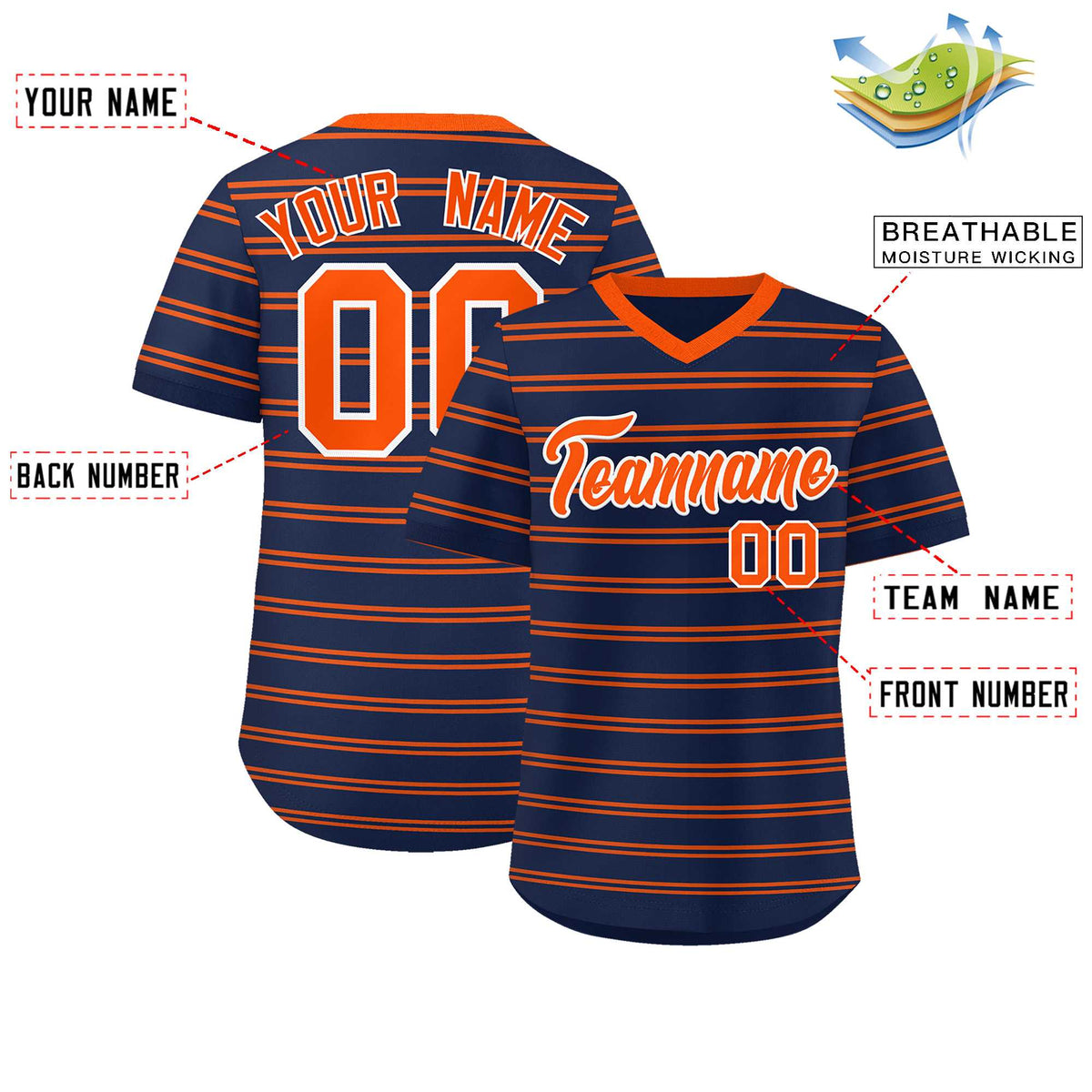 Custom Navy Orange Personalized Horizontal Stripe Authentic Pullover Baseball Jersey | KXKSHOP