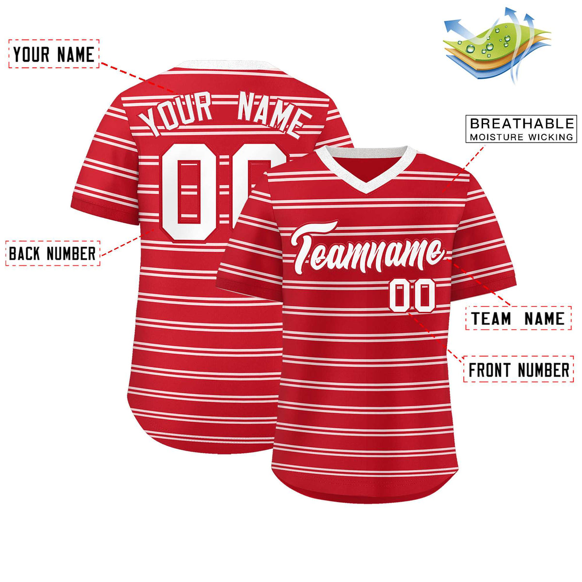 Custom Red White Personalized Horizontal Stripe Authentic Pullover Baseball Jersey | KXKSHOP