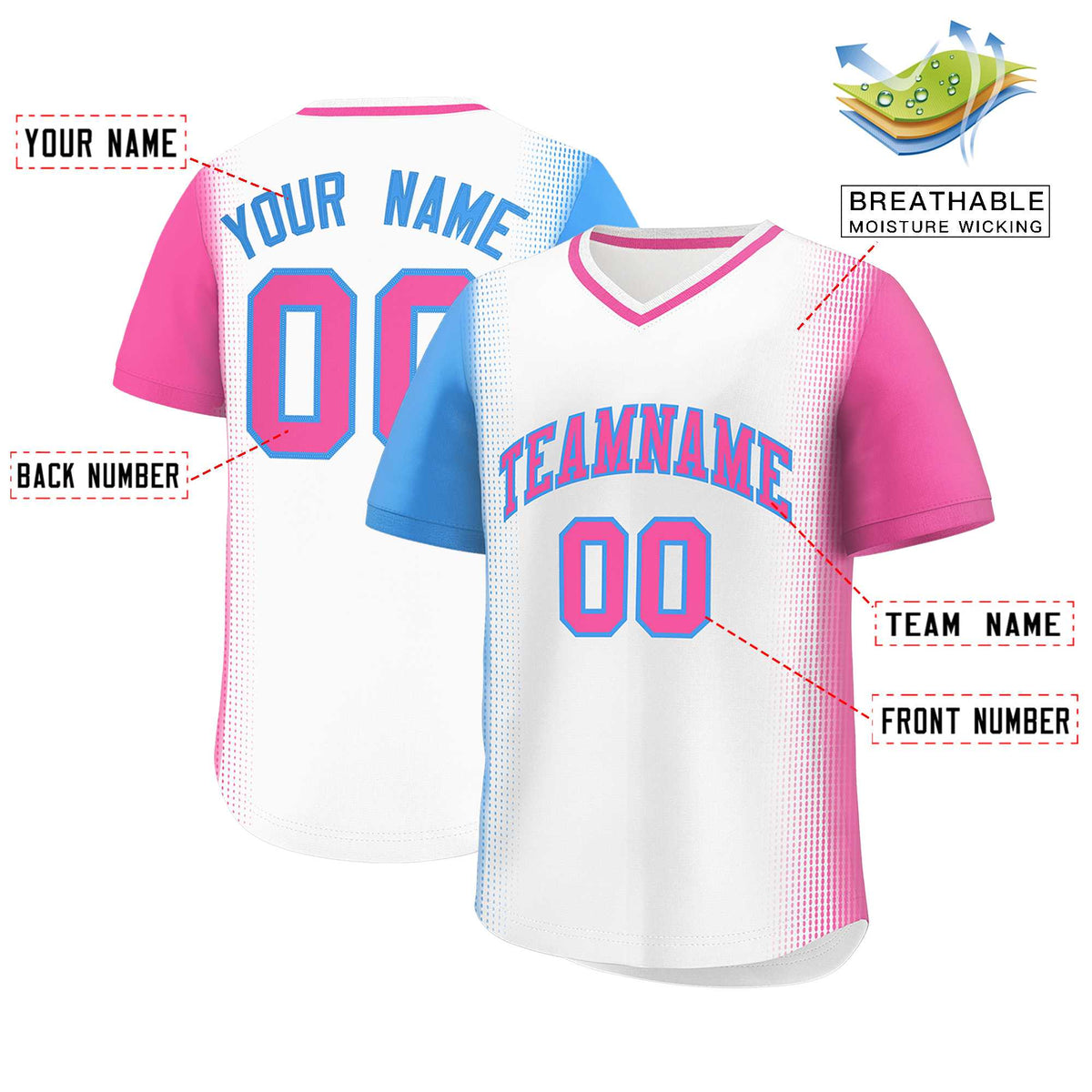 Custom White Powder Blue-Pink Personalized Raglan Sleeves Authentic Baseball Jersey | KXKSHOP