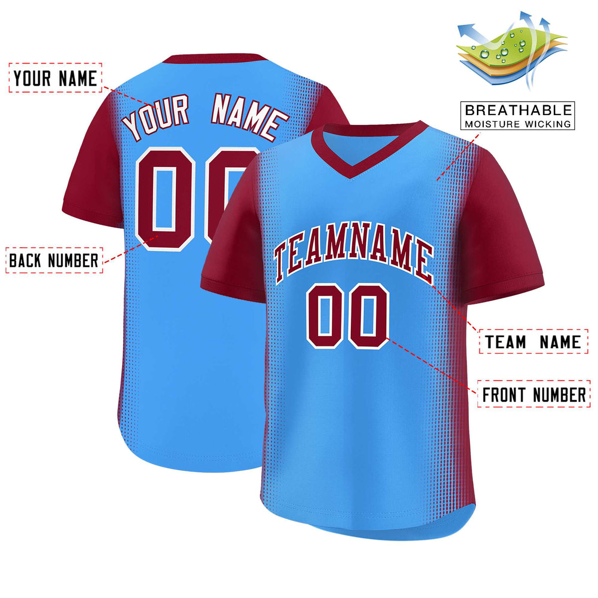 Custom Powder Blue Crimson Personalized Raglan Sleeves Authentic Baseball Jersey | KXKSHOP