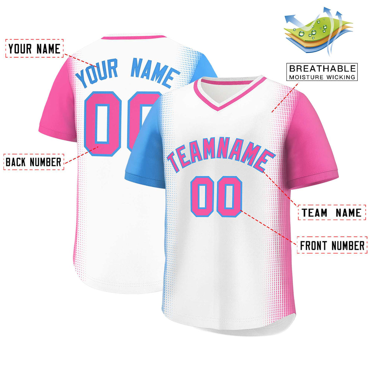 Custom White Powder Blue-Pink Personalized Raglan Sleeves Authentic Baseball Jersey | KXKSHOP