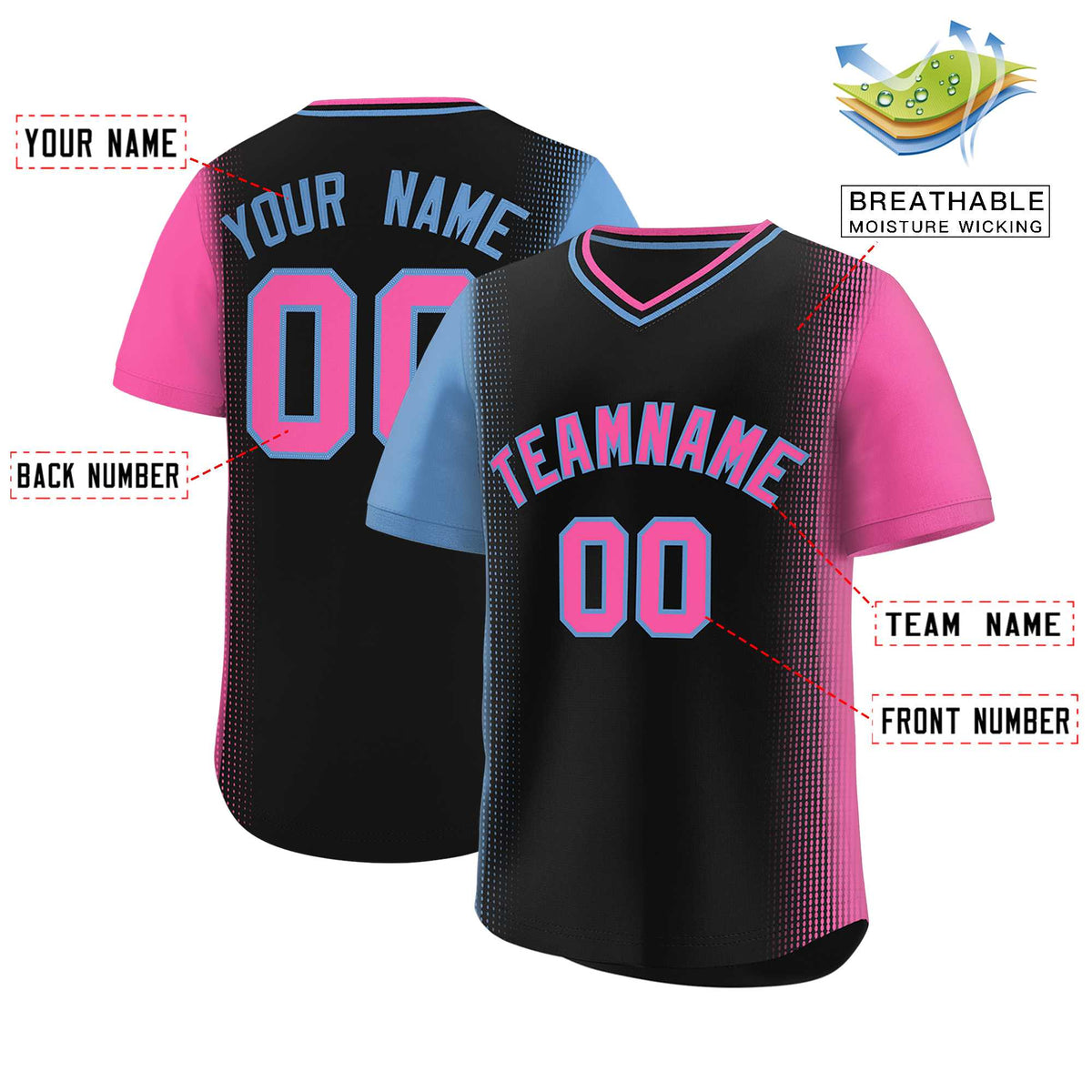 Custom Black Light Blue-Pink Personalized Raglan Sleeves Authentic Baseball Jersey | KXKSHOP