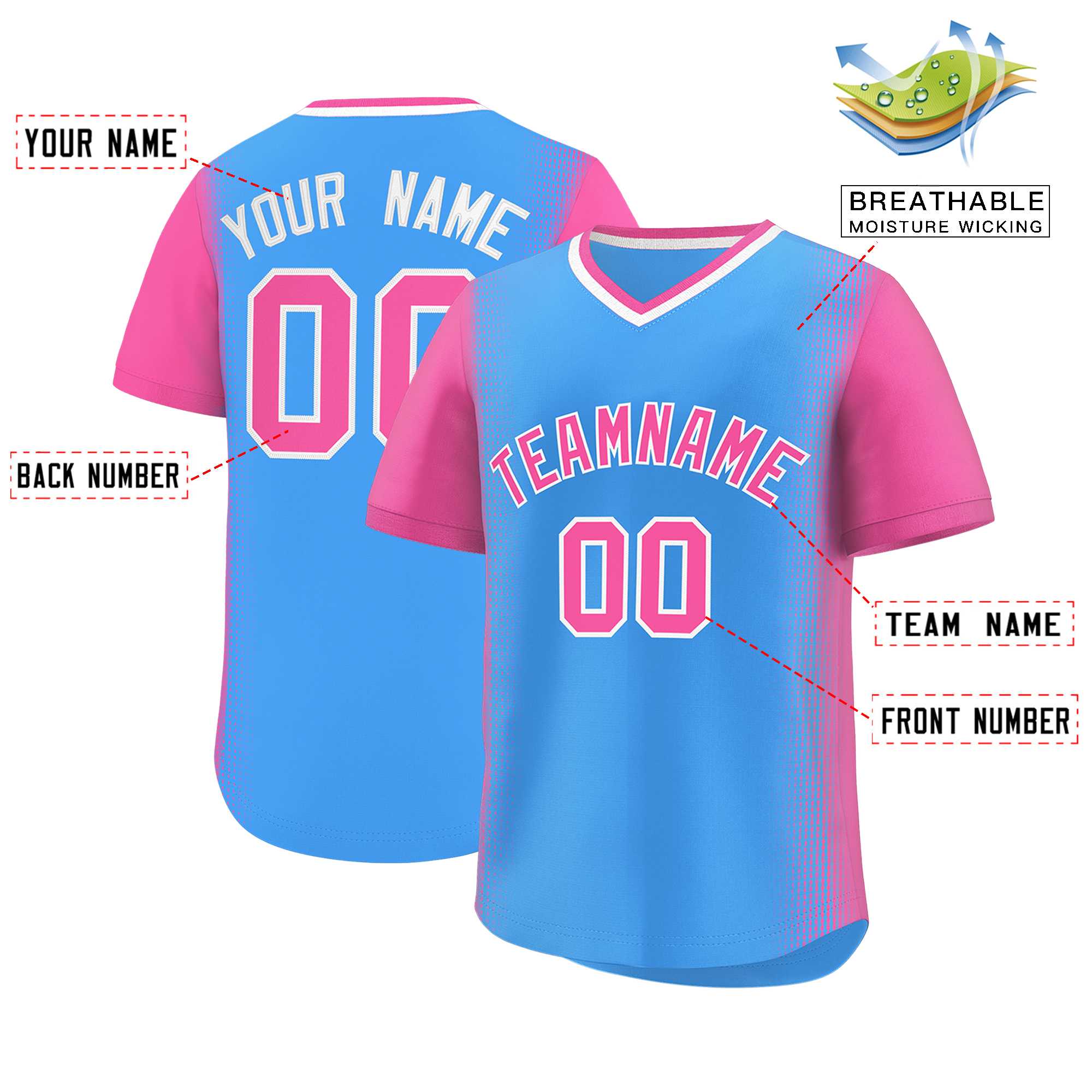 Custom Powder Blue Pink Personalized Raglan Sleeves Authentic Baseball Jersey | KXKSHOP
