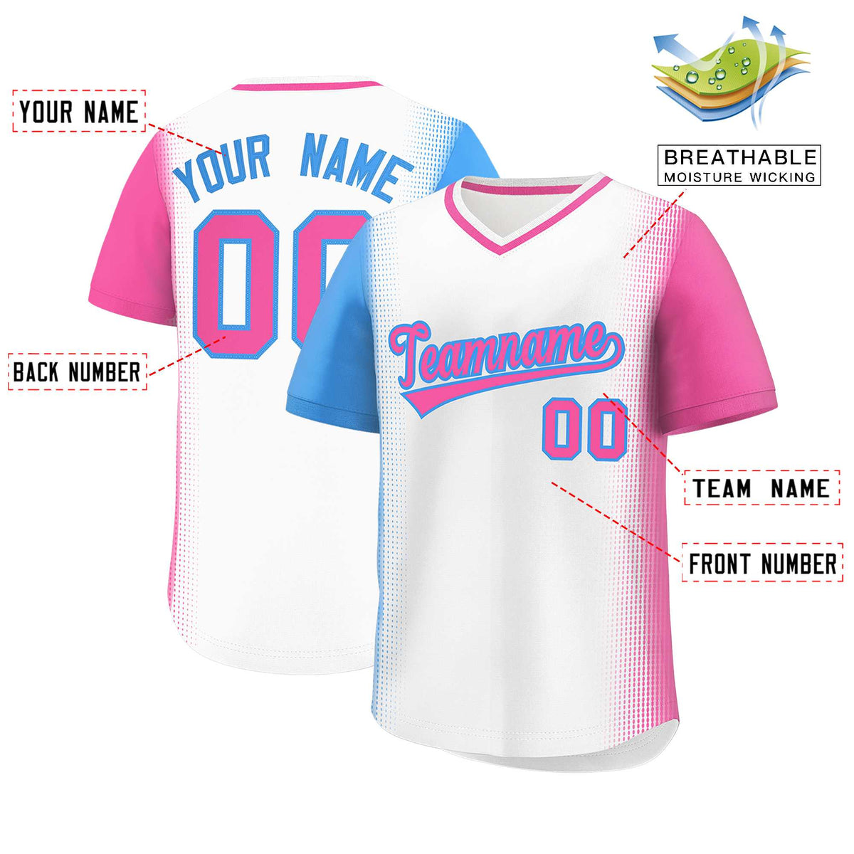 Custom White Powder Blue-Pink Personalized Raglan Sleeves Authentic Baseball Jersey | KXKSHOP