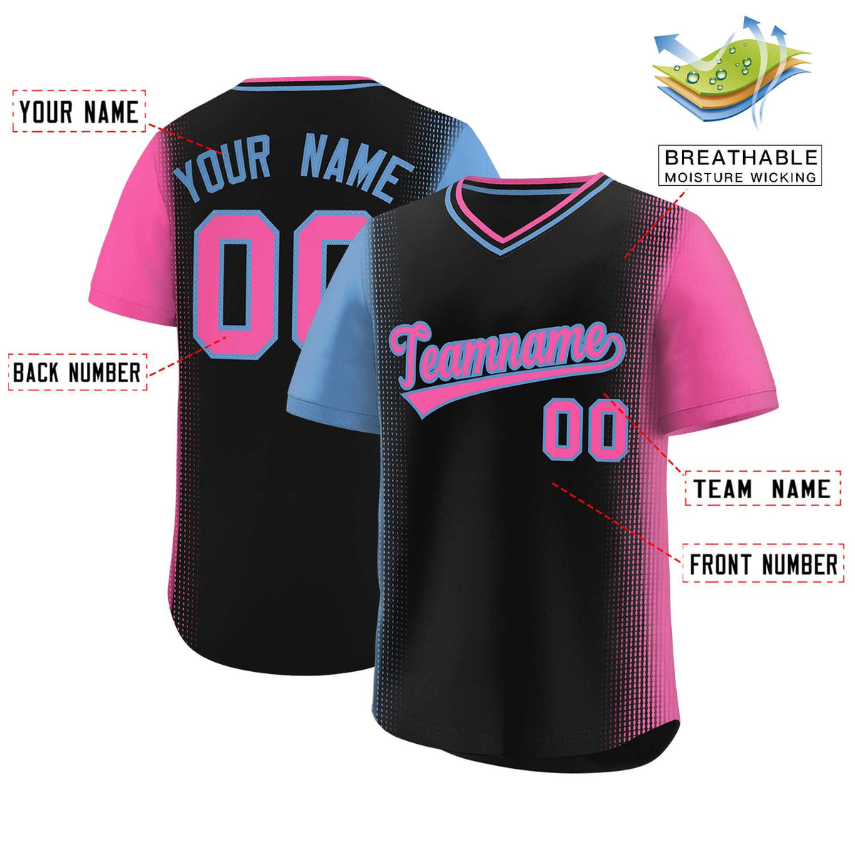 Custom Black Light Blue-Pink Personalized Raglan Sleeves Authentic Baseball Jersey | KXKSHOP