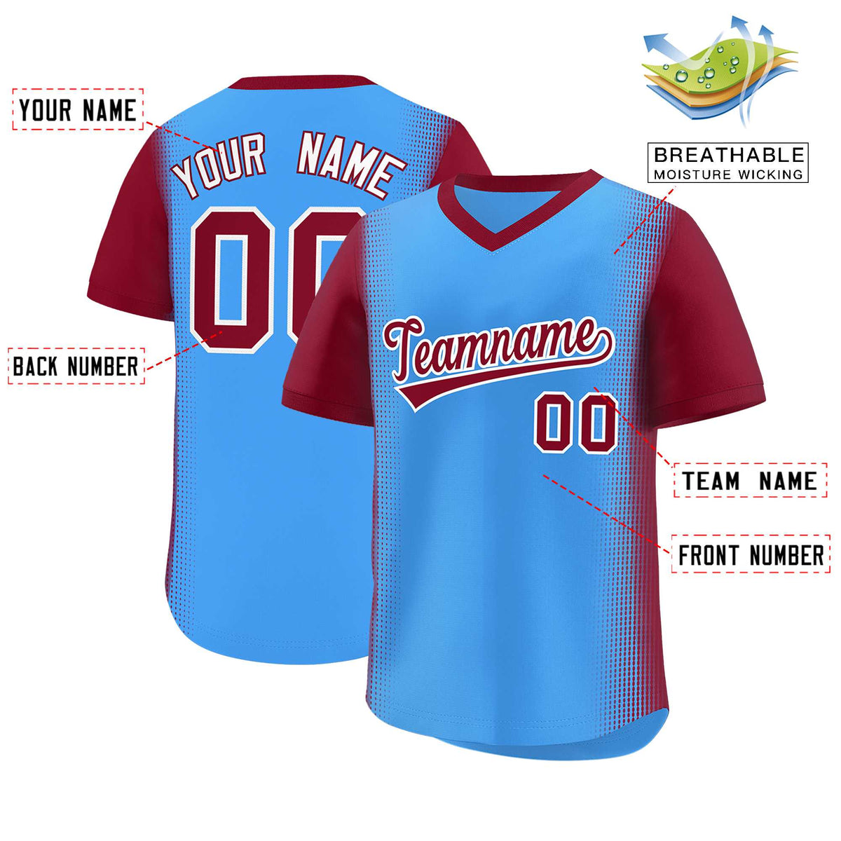 Custom Powder Blue Crimson Personalized Raglan Sleeves Authentic Baseball Jersey | KXKSHOP