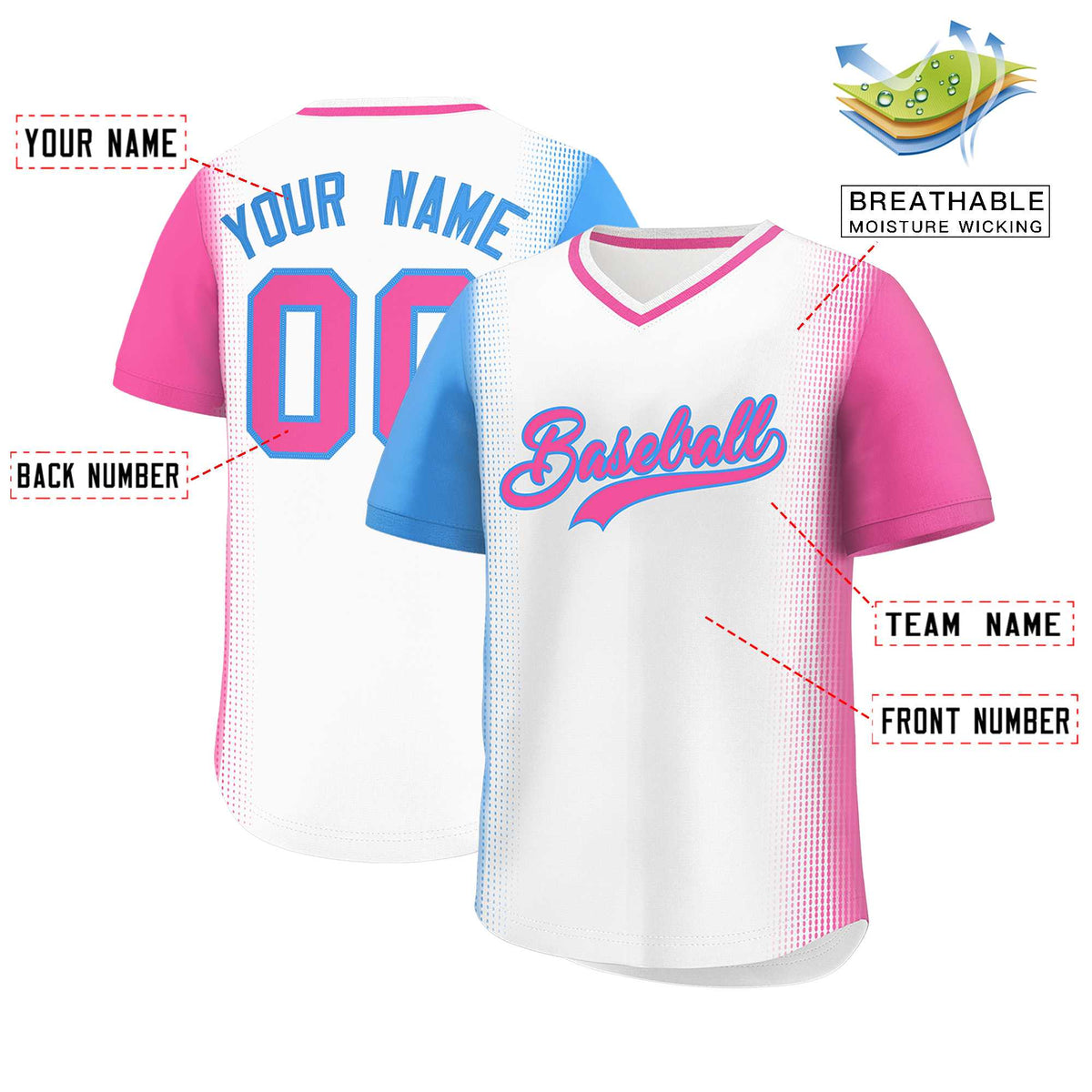 Custom White Powder Blue-Pink Personalized Raglan Sleeves Authentic Baseball Jersey | KXKSHOP