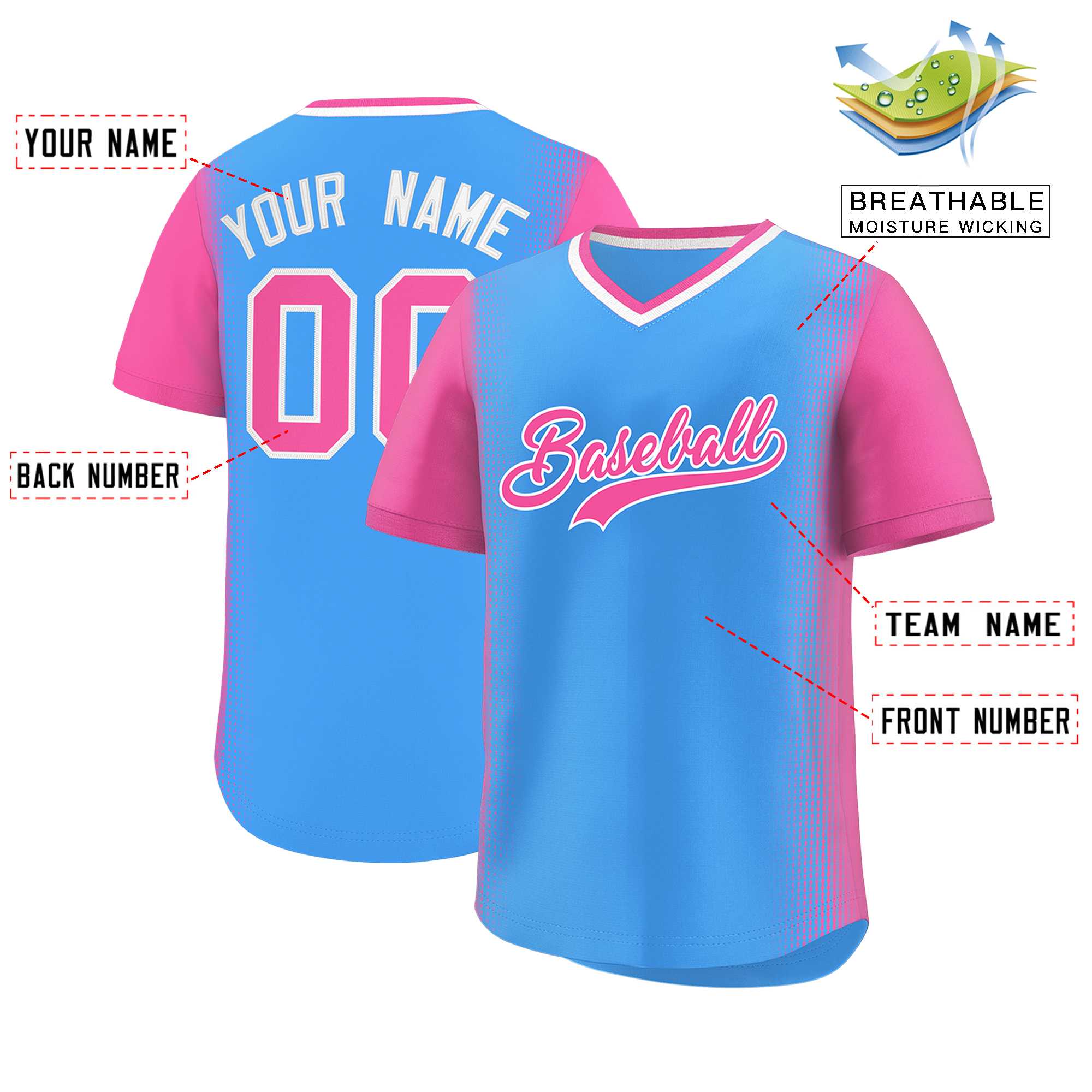 Custom Powder Blue Pink Personalized Raglan Sleeves Authentic Baseball Jersey | KXKSHOP