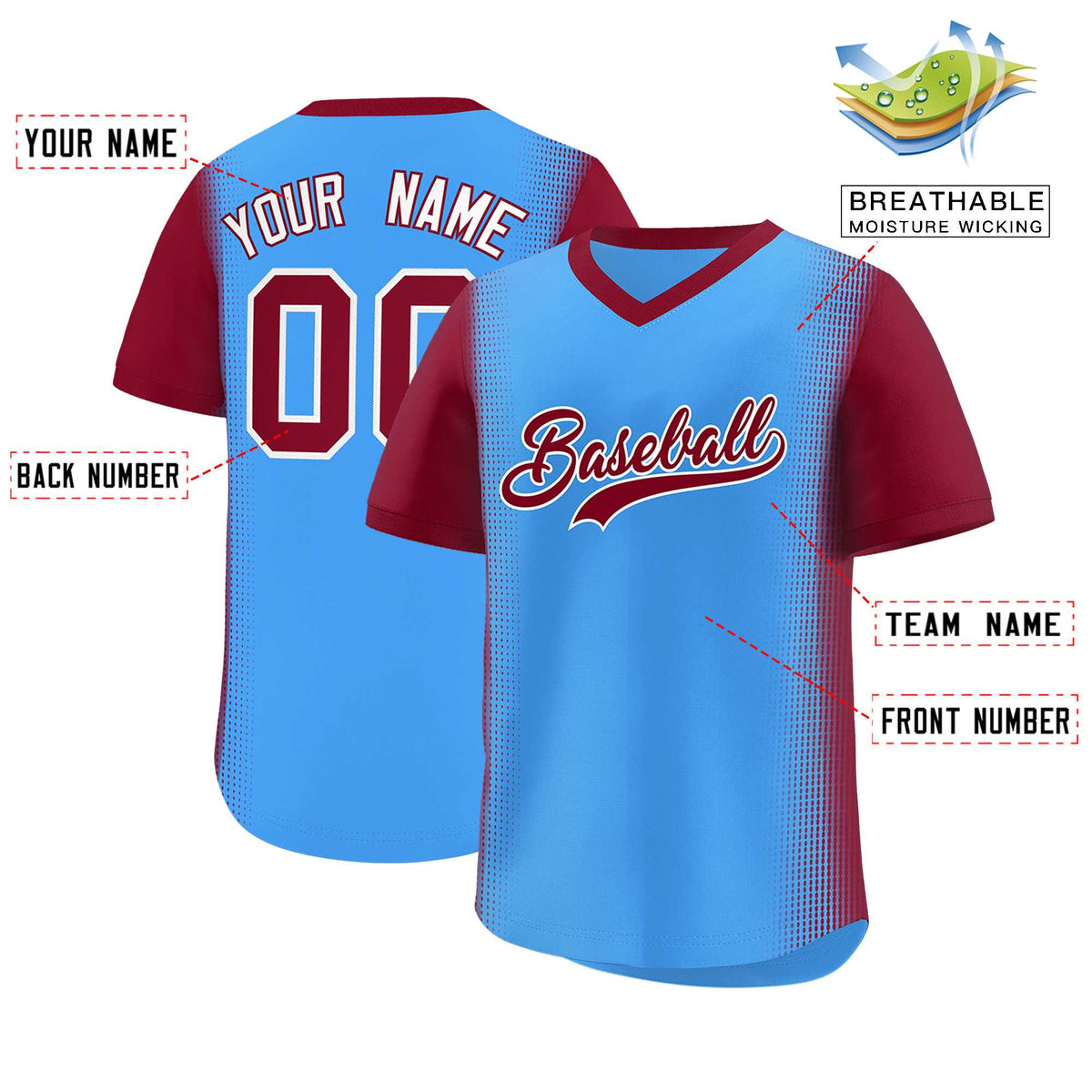 Custom Powder Blue Crimson Personalized Raglan Sleeves Authentic Baseball Jersey | KXKSHOP