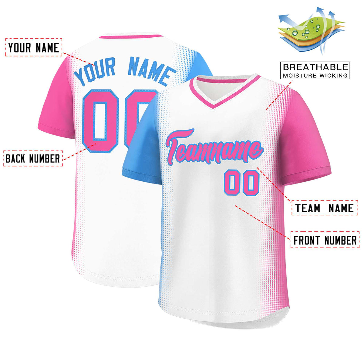 Custom White Powder Blue-Pink Personalized Raglan Sleeves Authentic Baseball Jersey | KXKSHOP