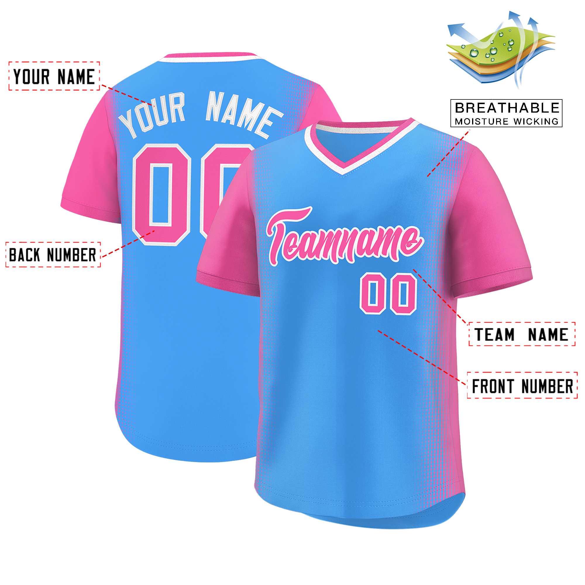 Custom Powder Blue Pink Personalized Raglan Sleeves Authentic Baseball Jersey | KXKSHOP