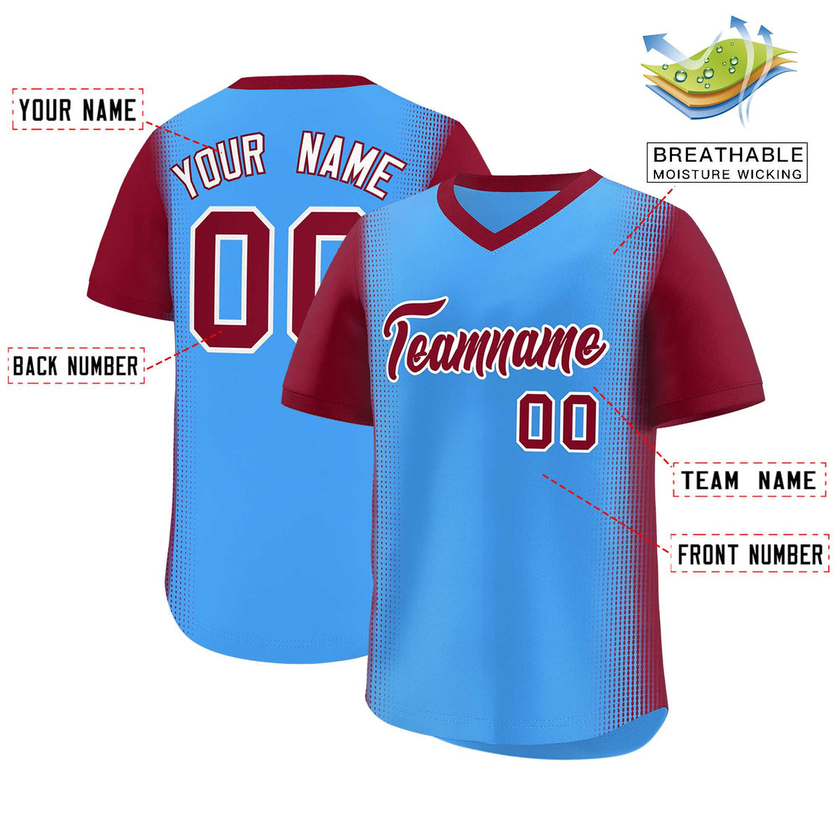 Custom Powder Blue Crimson Personalized Raglan Sleeves Authentic Baseball Jersey | KXKSHOP