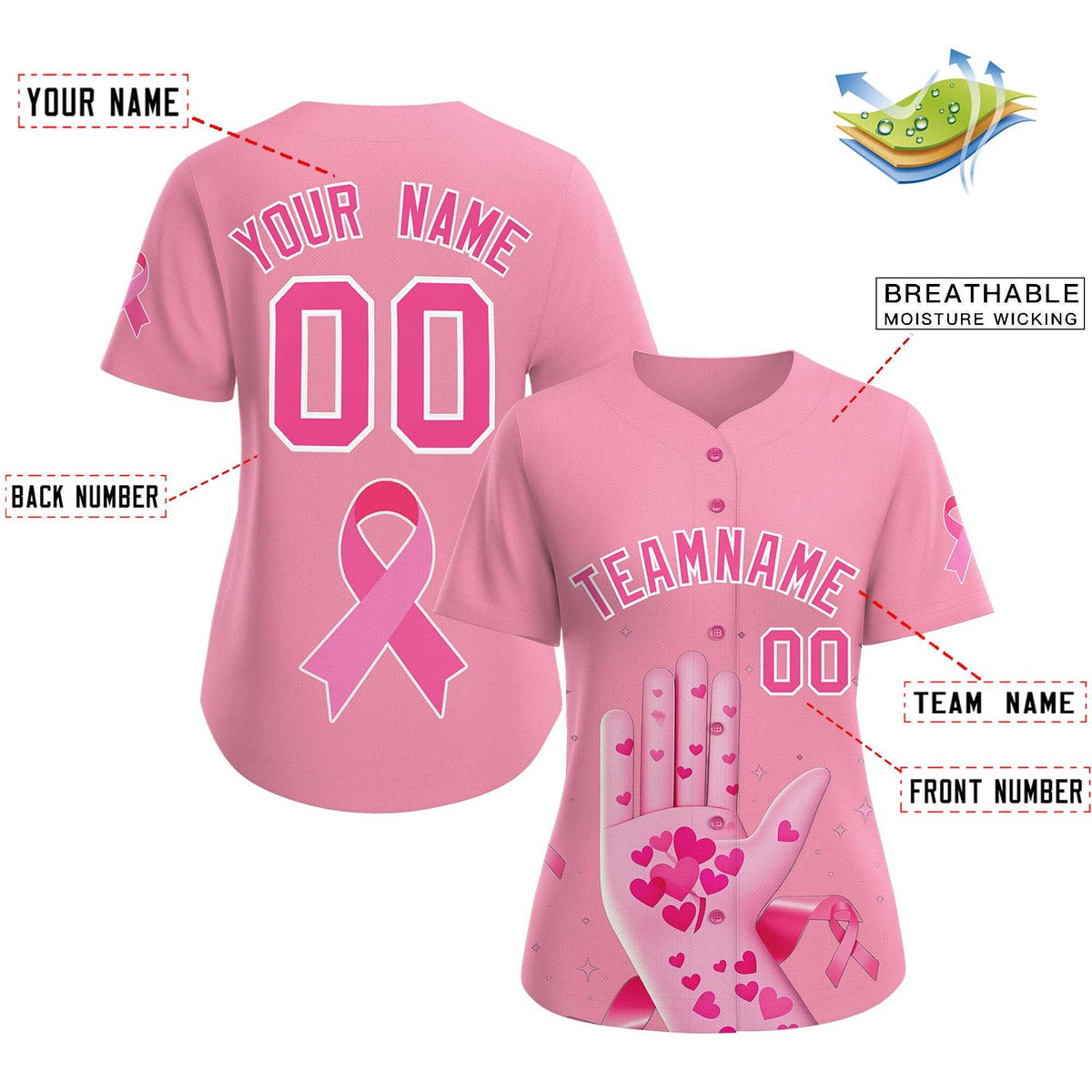 Custom Light Pink Pink Breast Cancer Awareness Month Pink Ribbon Authentic Baseball Jersey for Women