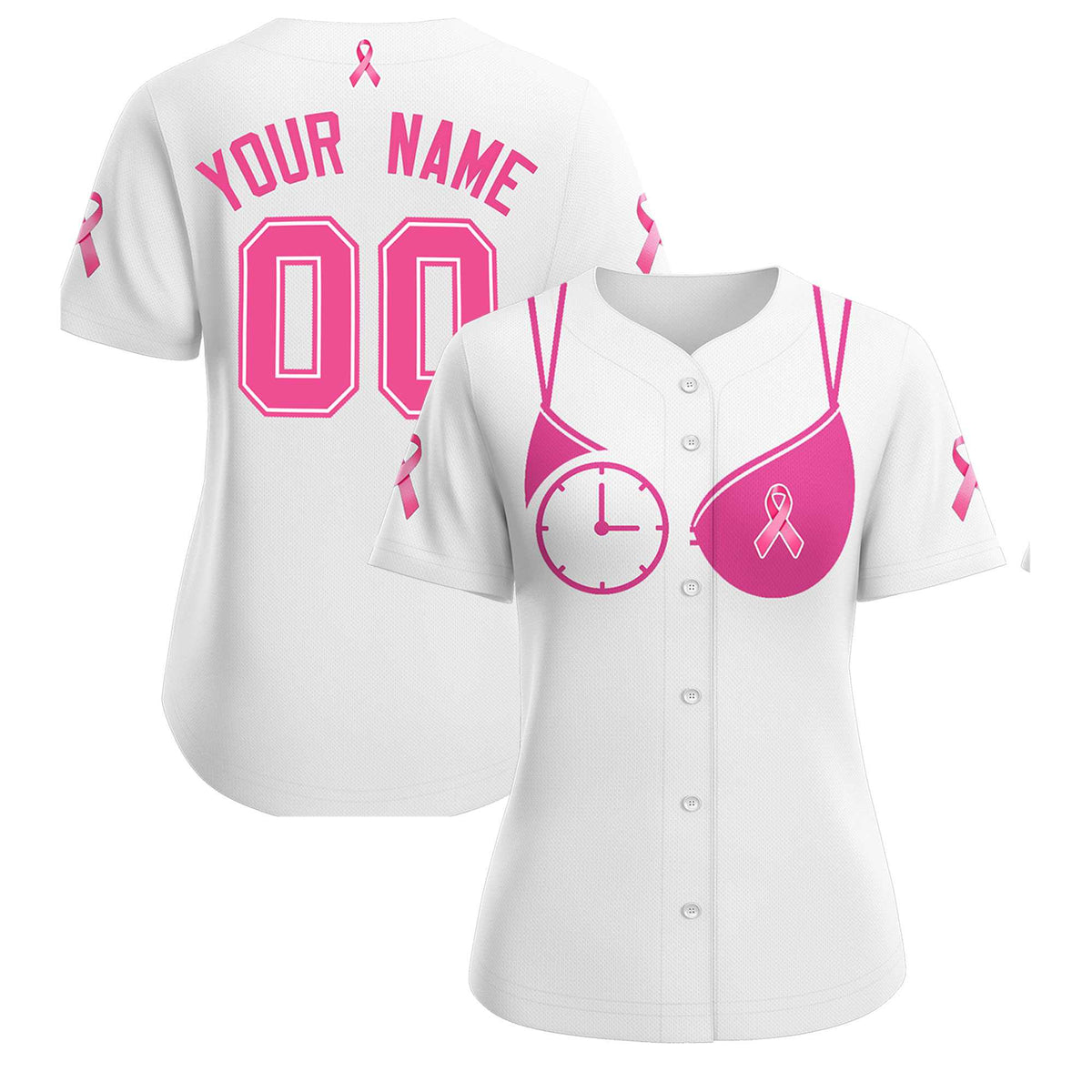 Custom White Pink Breast Cancer Awareness Month Pink Ribbon Authentic Baseball Jersey for Women| KXKSHOP