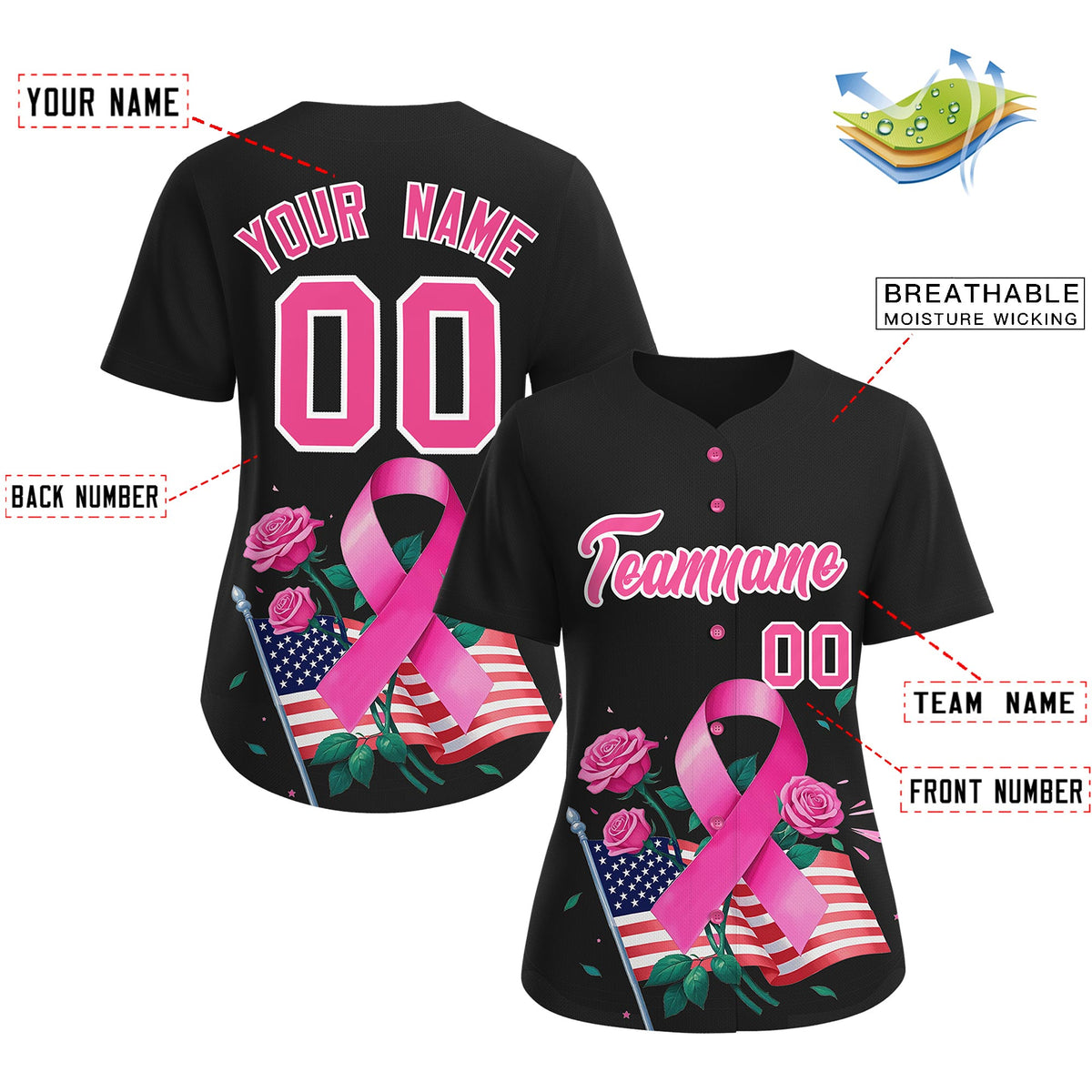 Custom Black Pink Breast Cancer Awareness Month Pink Ribbon Authentic Baseball Jersey for Women