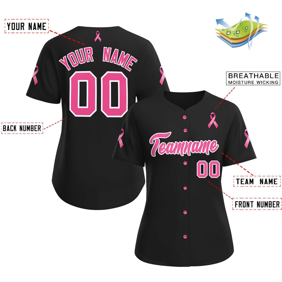 Custom Black Pink Breast Cancer Awareness Month Pink Ribbon Authentic Baseball Jersey for Women