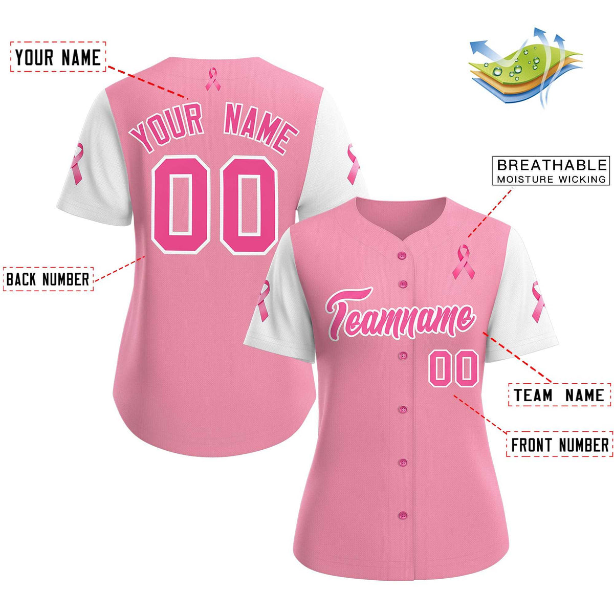 Custom Light Pink White Breast Cancer Awareness Month Pink Ribbon Authentic Baseball Jersey for Women