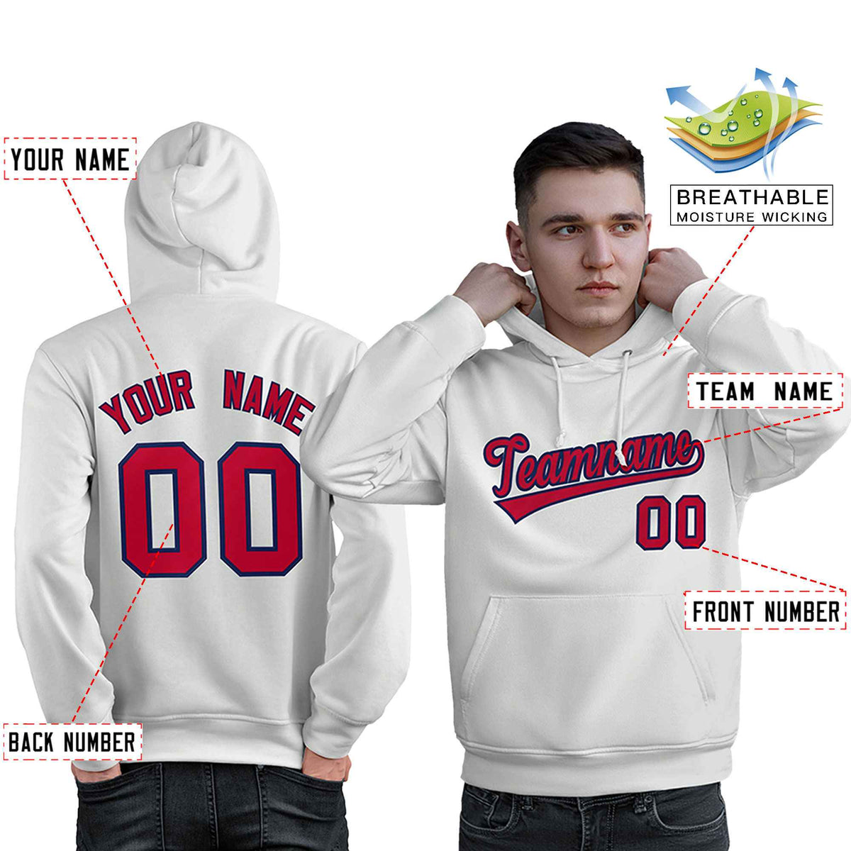Custom White Red-Navy Classic Style Personalized Sport Pullover Hoodie| KXKSHOP