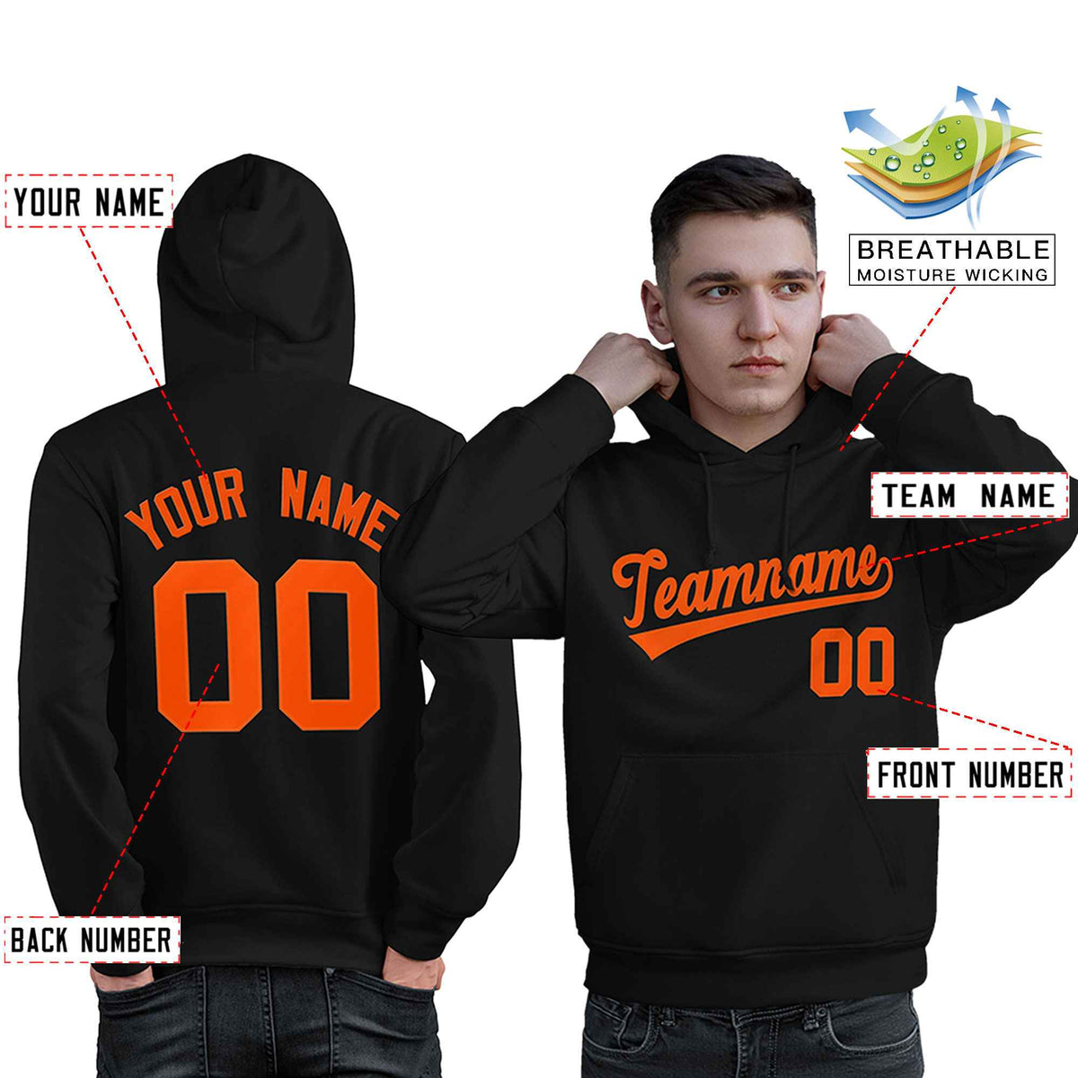 Custom Black Orange Classic Style Personalized Sport Pullover Hoodie| KXKSHOP
