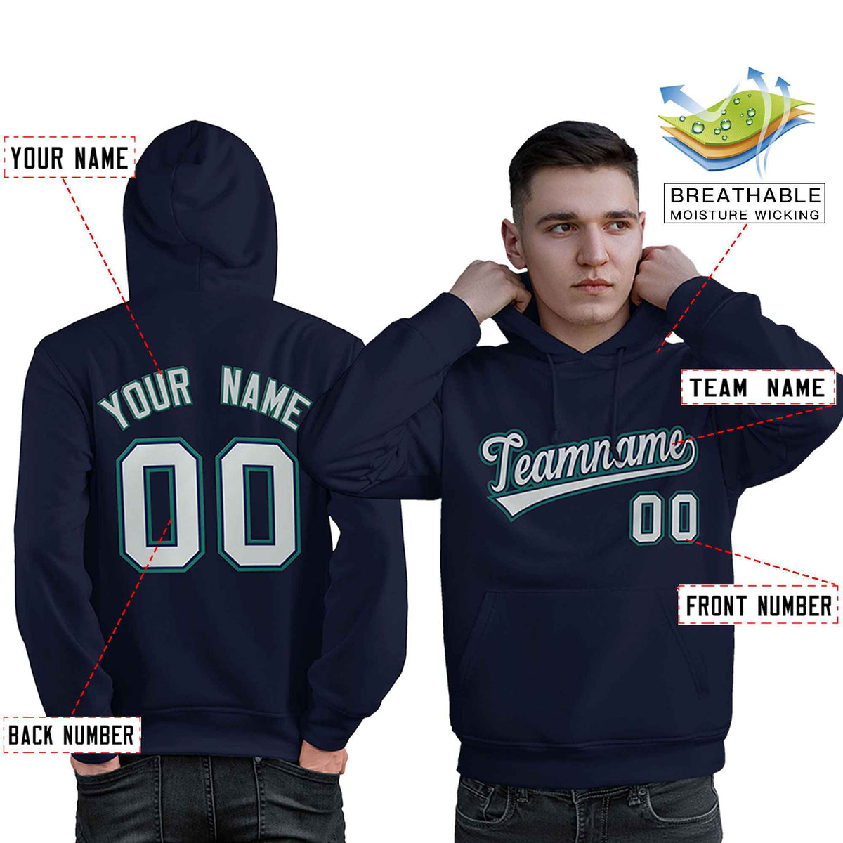 Custom Navy Gray-Aqua Classic Style Personalized Sport Pullover Hoodie| KXKSHOP