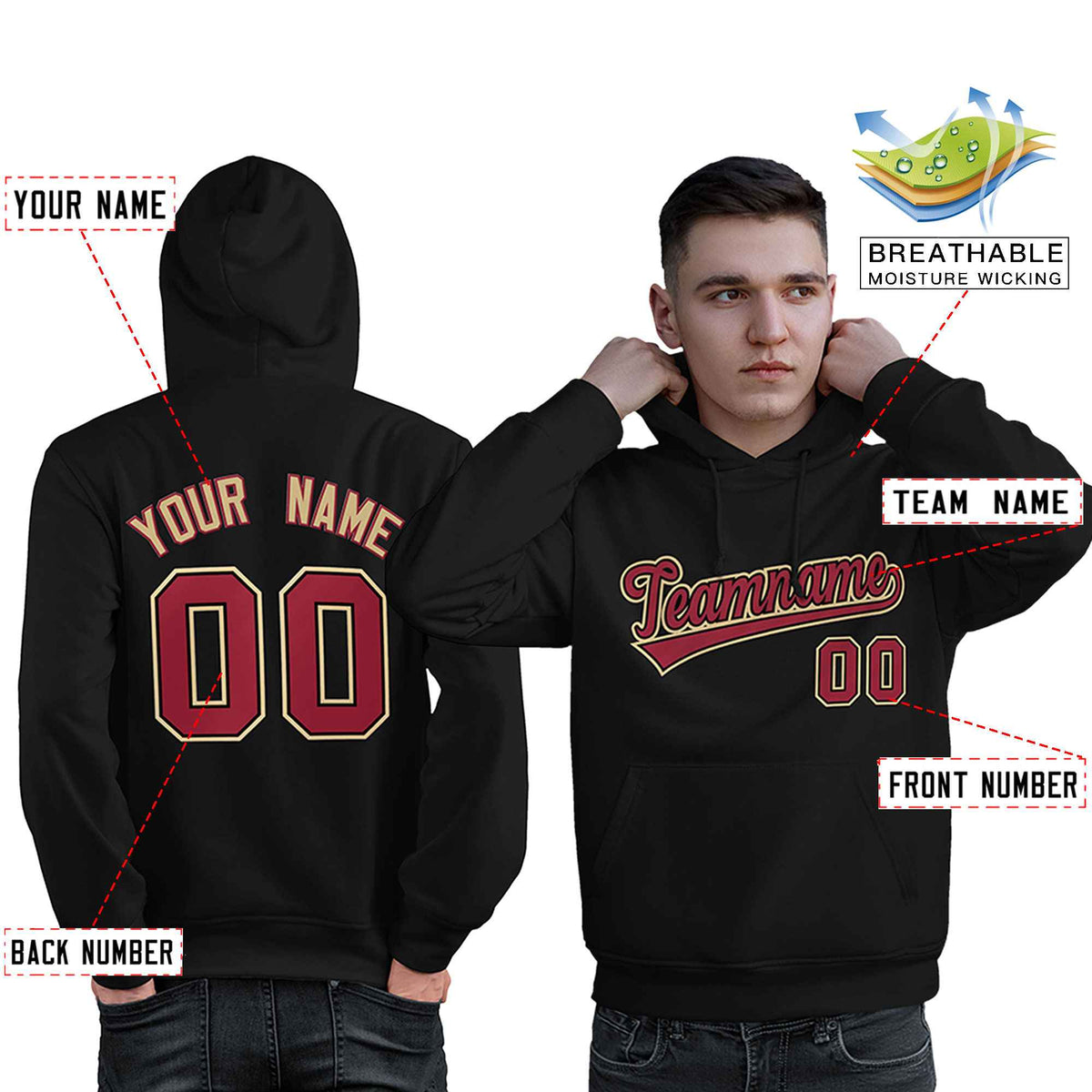 Custom Black Old Gold-Cardinal Classic Style Personalized Sport Pullover Hoodie| KXKSHOP