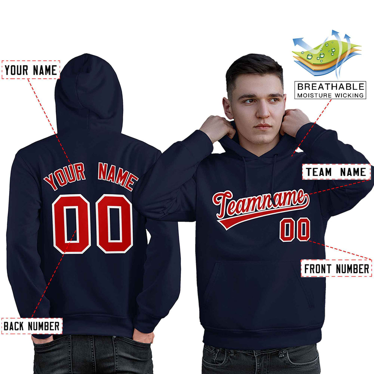 Custom Navy Red-White Classic Style Personalized Sport Pullover Hoodie| KXKSHOP