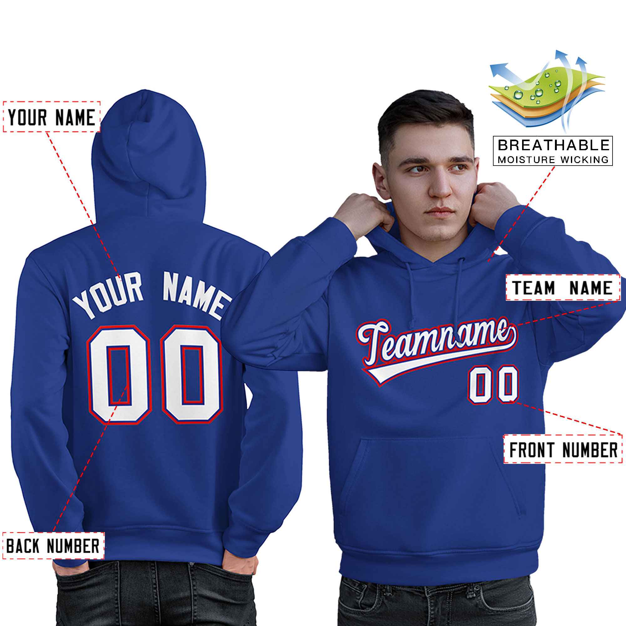 Custom Royal White-Red Classic Style Personalized Sport Pullover Hoodie| KXKSHOP