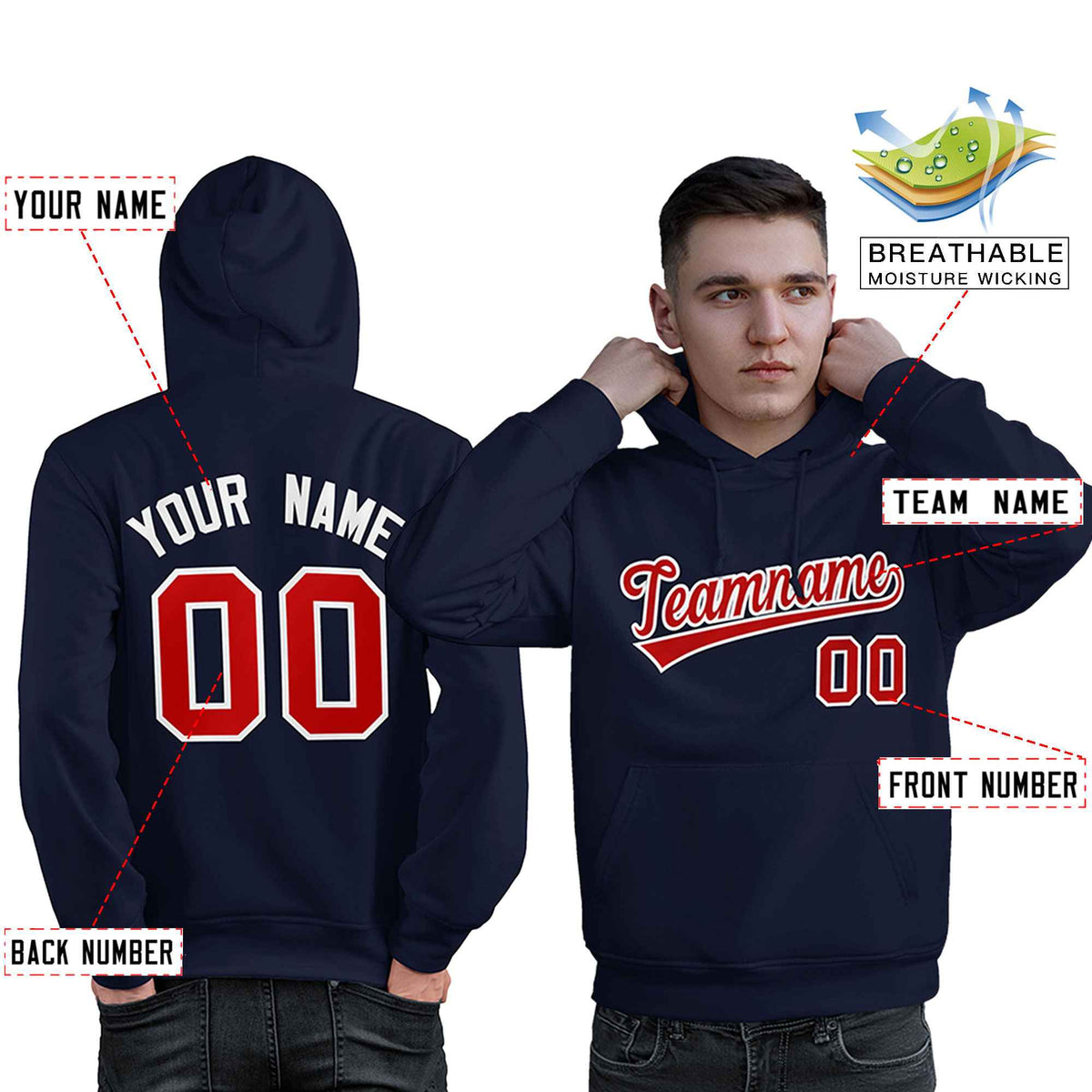 Custom Navy Red-White Classic Style Personalized Sport Pullover Hoodie| KXKSHOP