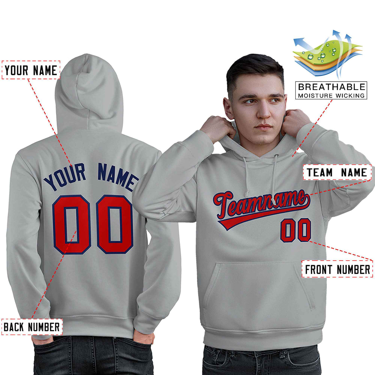 Custom Gray Red-Royal Classic Style Personalized Sport Pullover Hoodie| KXKSHOP