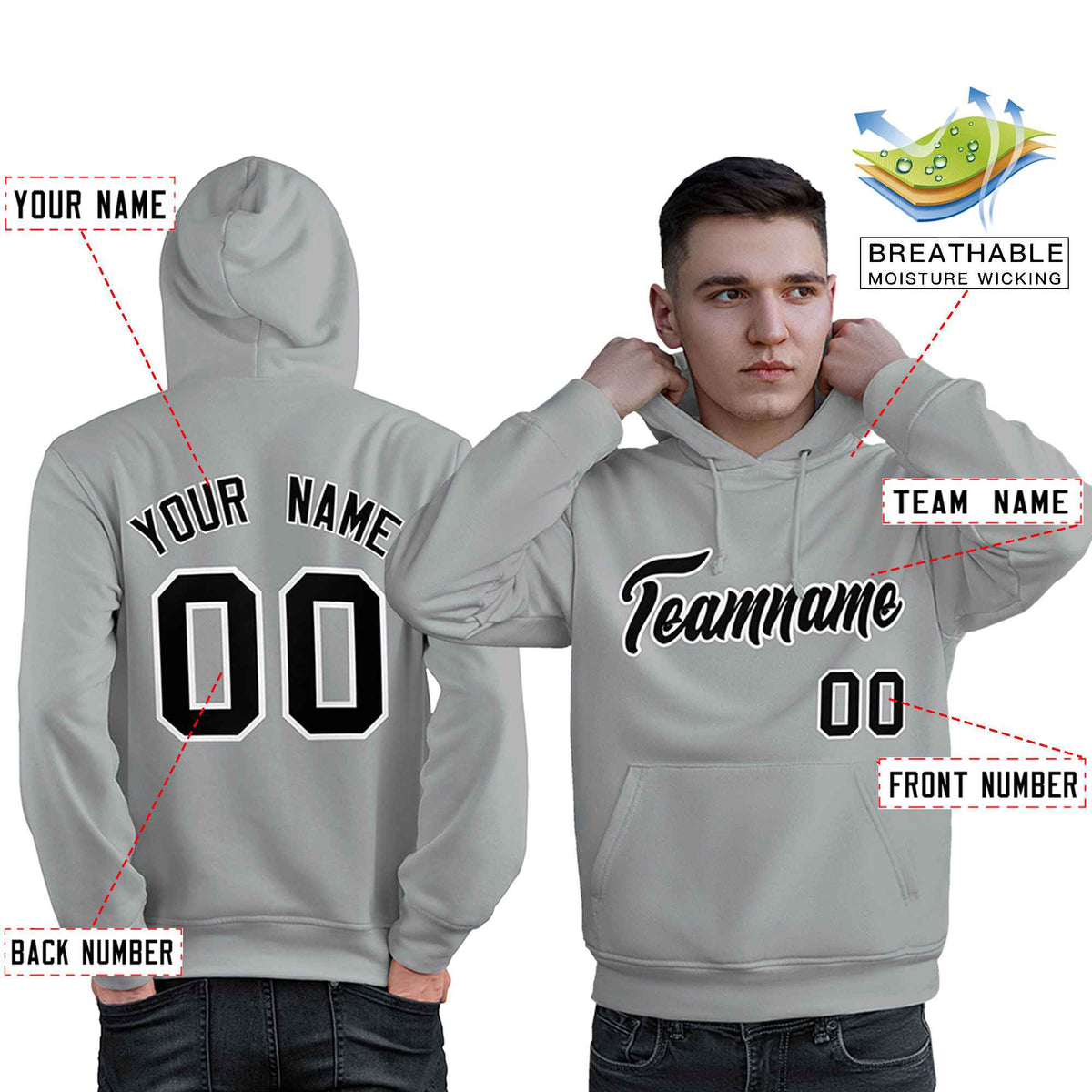 Custom Gray Black-White Classic Style Personalized Sport Pullover Hoodie| KXKSHOP