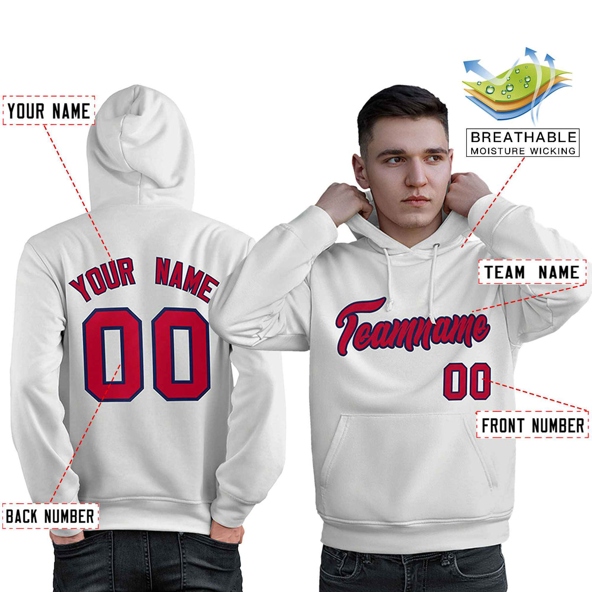 Custom White Red-Navy Classic Style Personalized Sport Pullover Hoodie| KXKSHOP