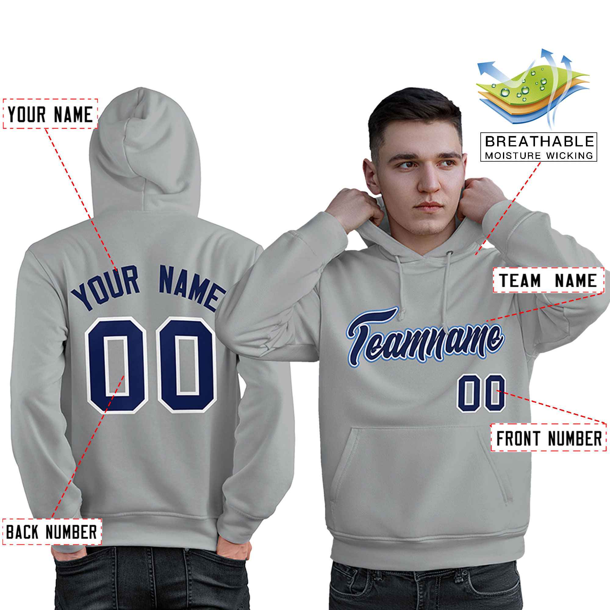 Custom Gray Light Blue-Navy Classic Style Personalized Sport Pullover Hoodie| KXKSHOP