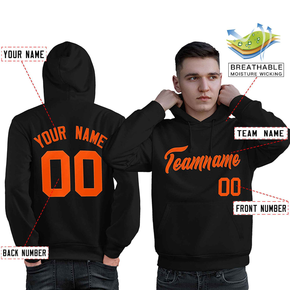 Custom Black Orange Classic Style Personalized Sport Pullover Hoodie| KXKSHOP